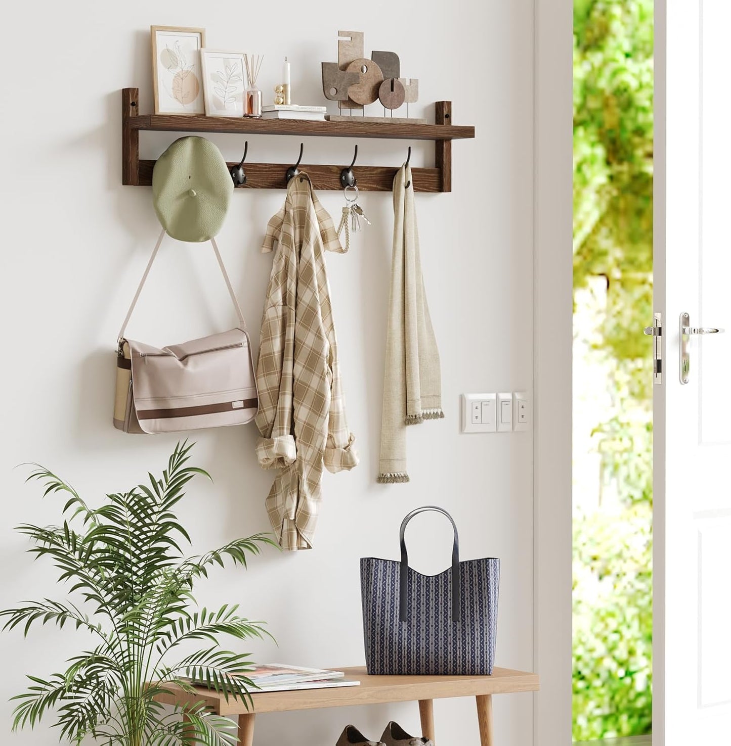 AMBIRD Wall Hooks with Shelf - 73.5cm Length Entryway Wall-Mounted Wooden Coat Hooks with Integrated Shelf
