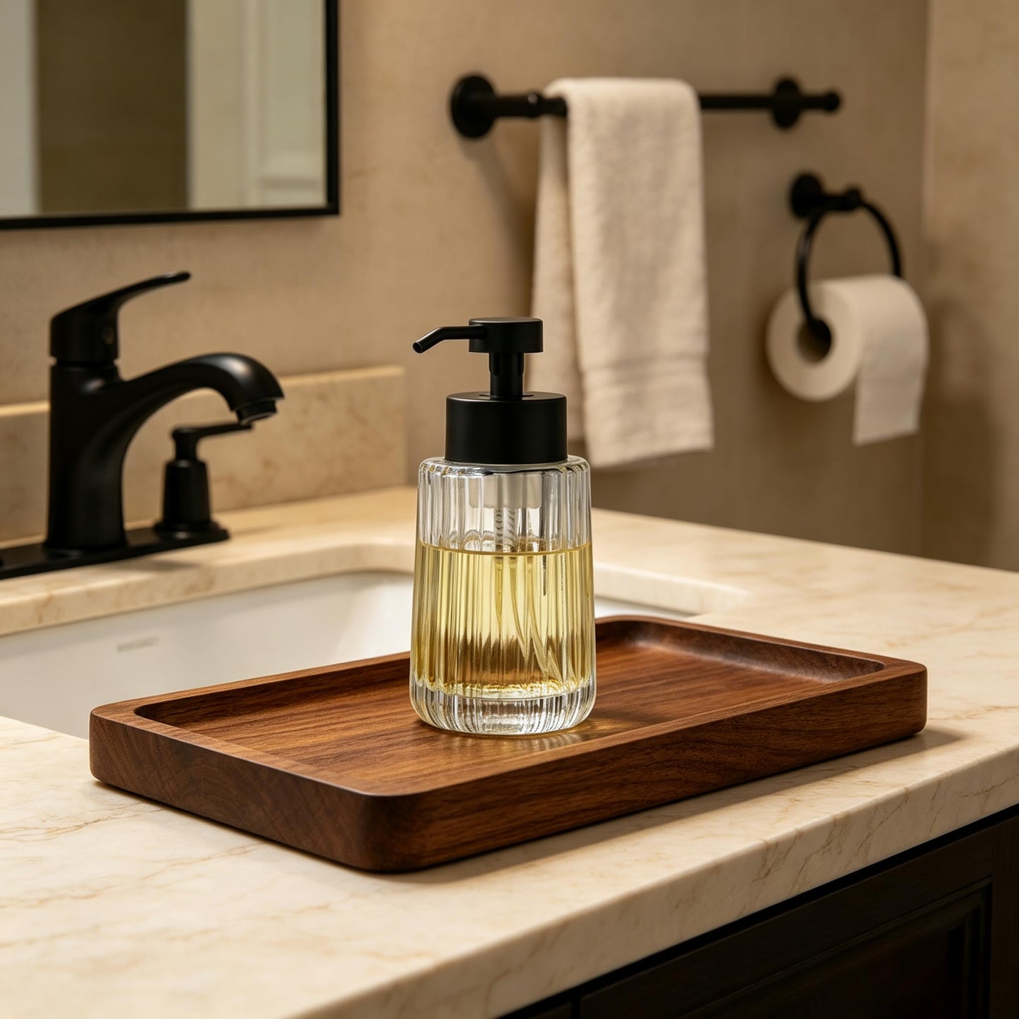 Easy Tang Glass Foaming Soap Dispenser with Black Pump, 12 OZ Vintage-Inspired Modern Glass Refillable Bottle for Bathroom Vanity Countertop and