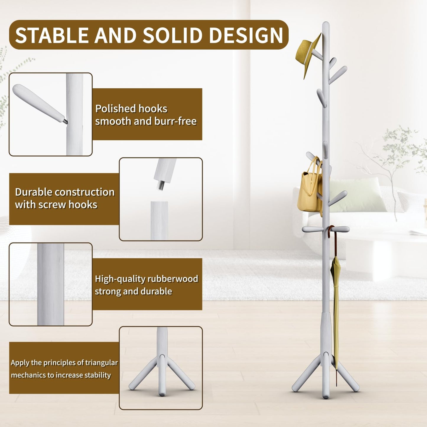 Solid Wood Coat Rack, Freestanding Tree-Shaped Coat Rack with 11 Hooks, Main Pole 1.6" dia for Clothes, Hat Stand Used in Bedroom/Office/Entryway