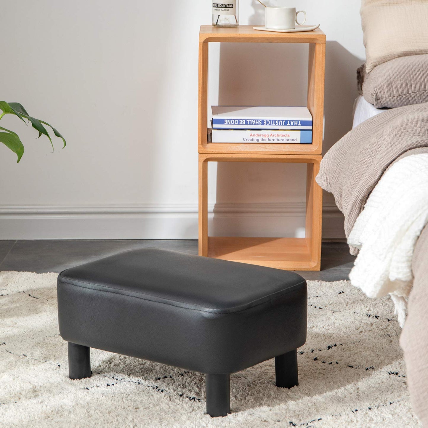 YMYNY 42CM Footstool, Small Foot Stool with Stable Wooden Legs, Modern PU Leather Footrest, Change Shoes Stool for Living Room