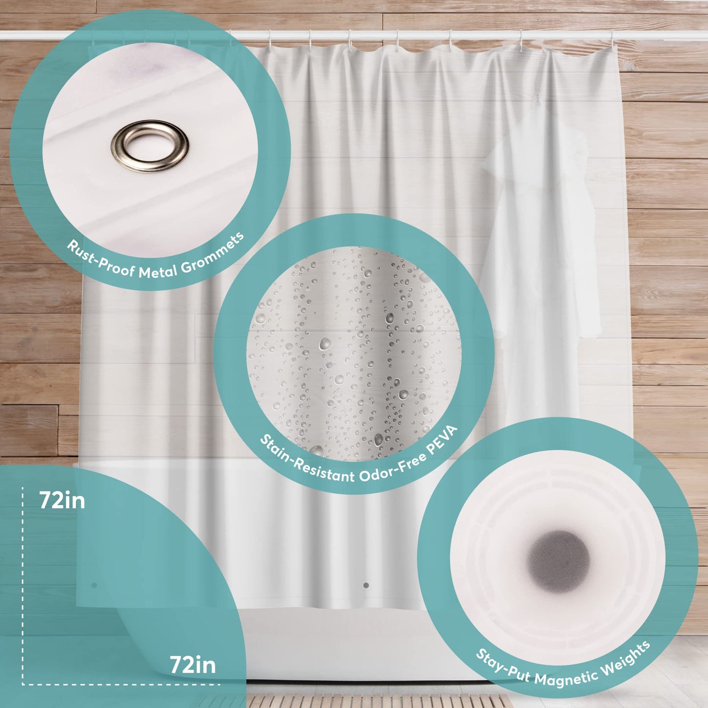 BigFoot Shower Curtain Liner – 72 x 72 PEVA Heavy Duty Shower Curtain with Rustproof Metal Grommet and 3 Magnetic Weights