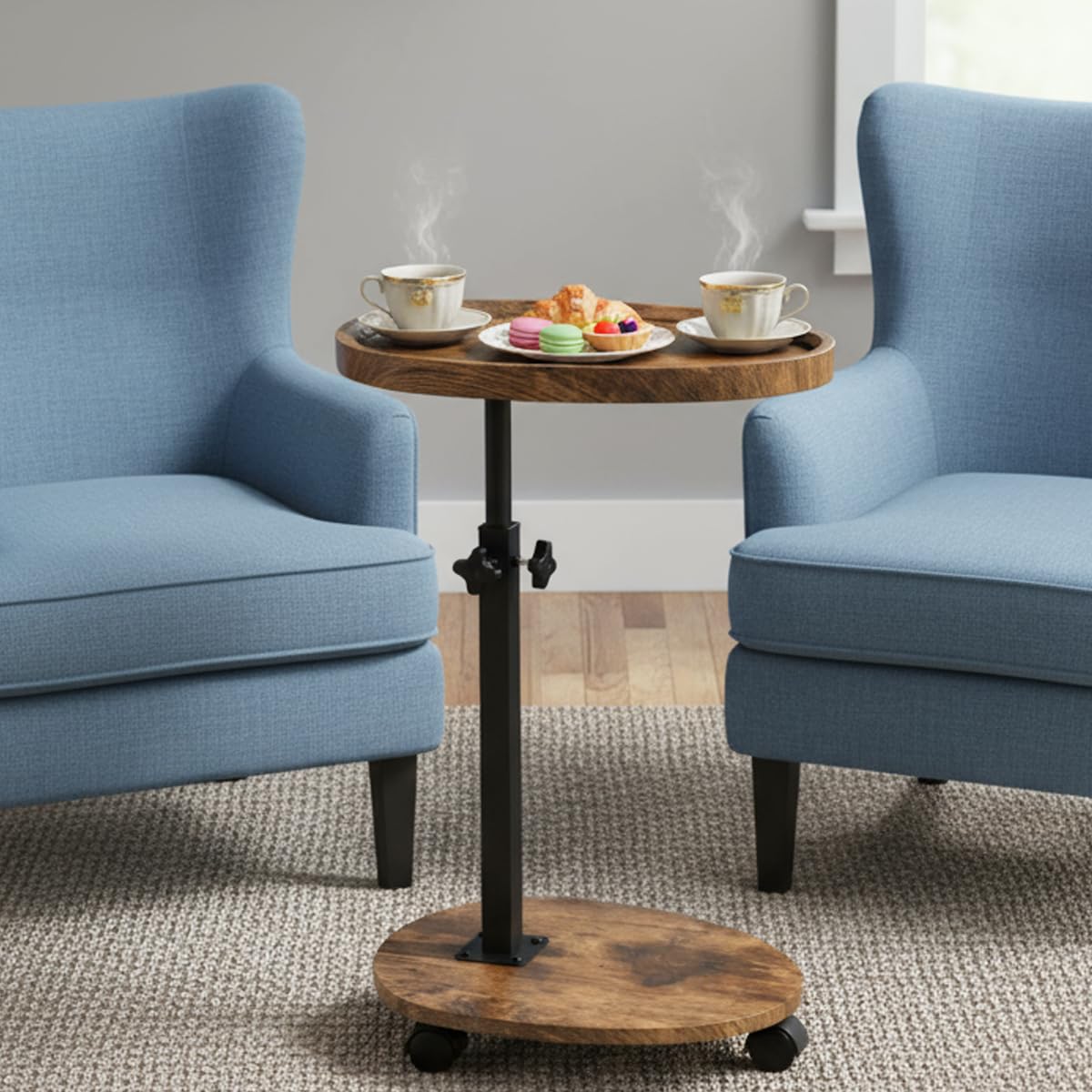 Kiss Me C Shaped Side Table, Height Adjustable End Table with 4 Wheels