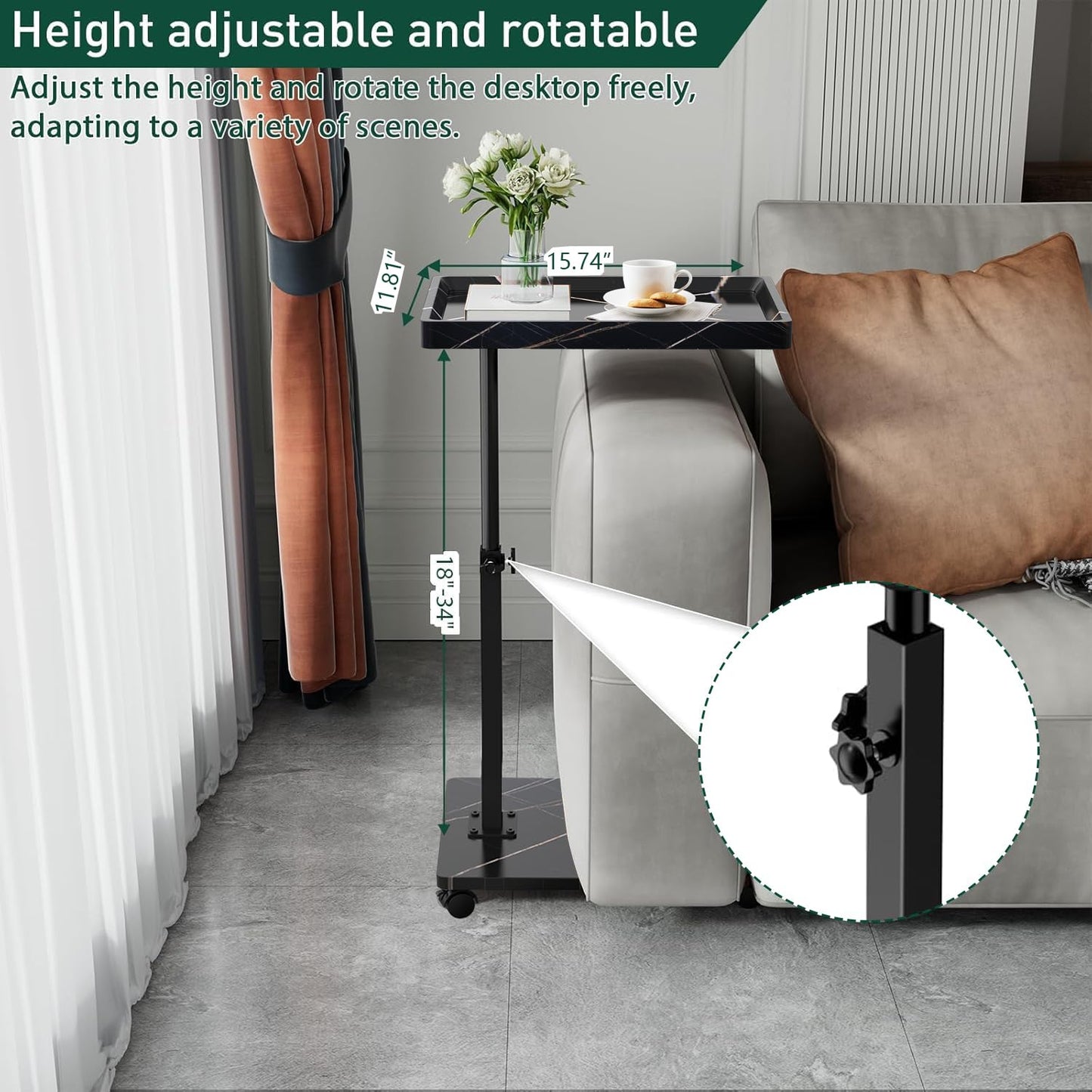 Kiss Me C Shaped Side Table, Height Adjustable, 360° Swivel With Wheels