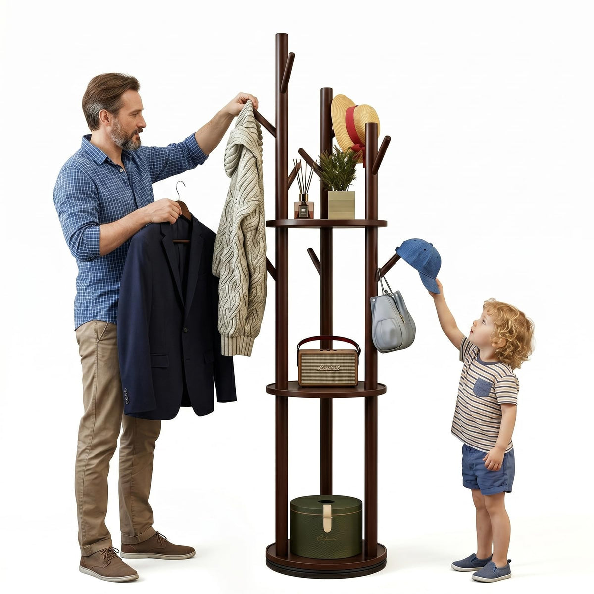 SHEBUYLLI Wooden Coat Stand, Rotatable Free Standing Coat Rack with Hooks