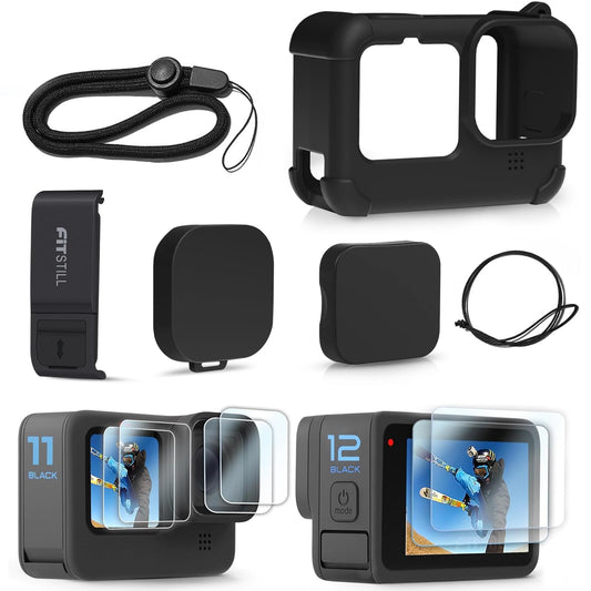 FitStill Silicone Protective Case Set for Go Pro Hero12 /Hero11 /Hero 10 /Hero 9 Black, Battery Side Cover + Lens Cover + Screen Protector + Lanyard
