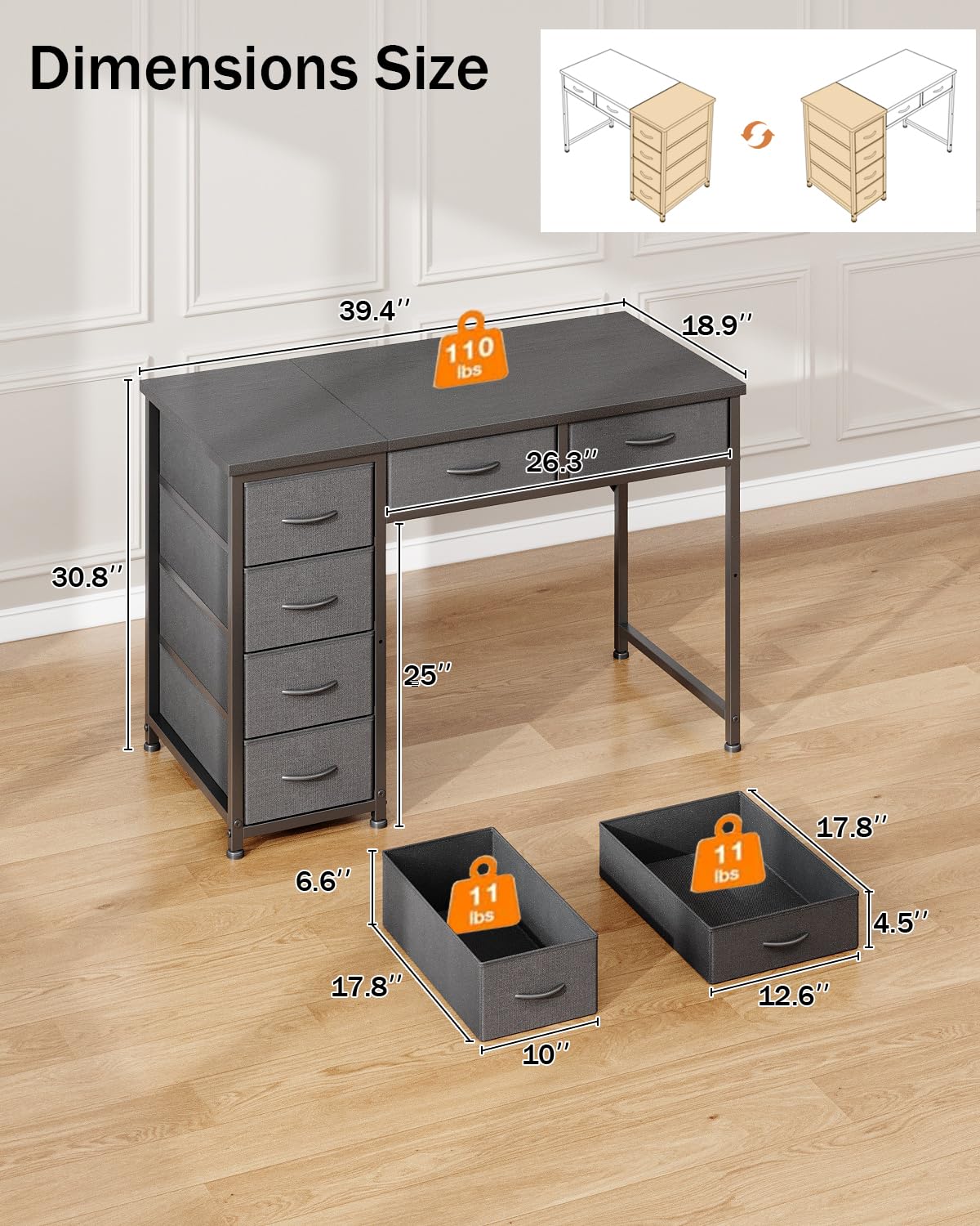 MUTUN 100x48 cm Desk, Small Computer Desk with 6 Fabric Drawers, Reversible Home Office Desk with Adjustable Feet, Work Desks for Office, Study