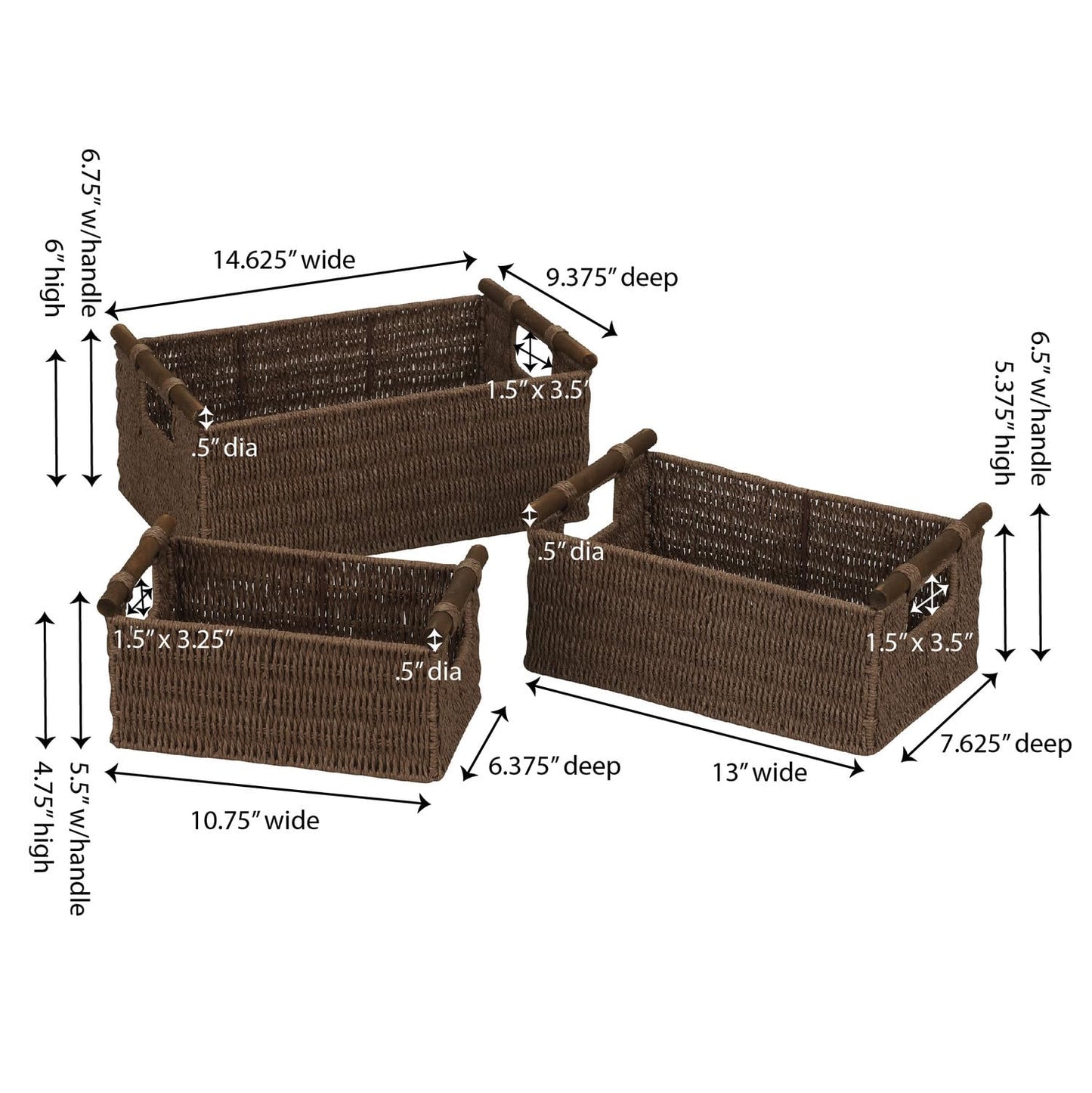 Household Essentials ML-7050 Paper Rope Wicker Storage Baskets with Wood Handles | Set of 3 | Dark Brown Stain