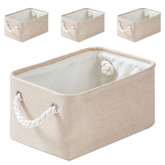 Mangata Small Soft Linen Storage Boxes, Multi-Size, Rectangular Organiser Baskets for Shelves, Toys, and Clothes, 4 Pack, 31x21x16 cm(Light Khaki, S)