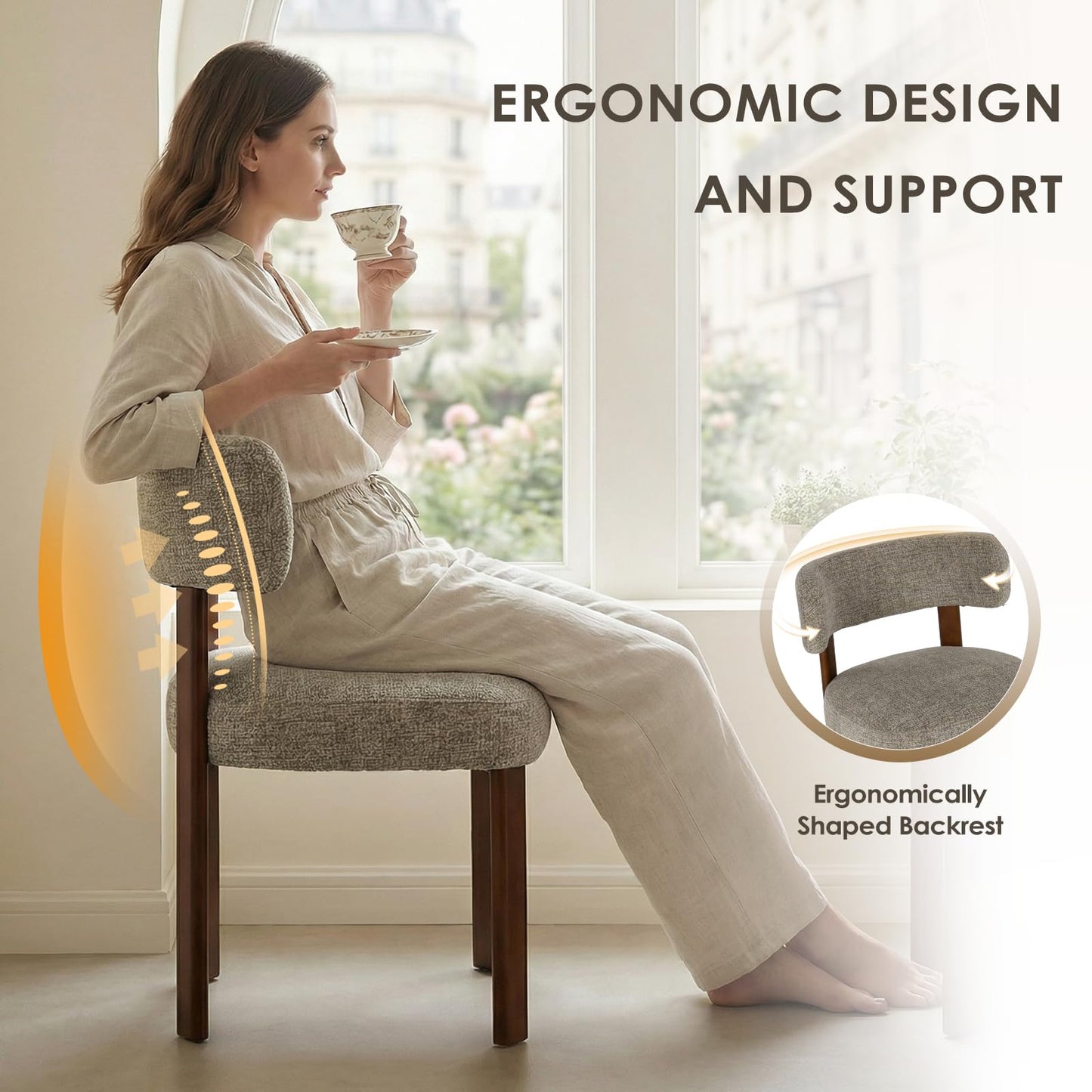 COLAMY Wooden Dining Chairs Set of 2, Fabric Chairs for Dining Room with Open Curved Backrest and Thick Seat Cushion