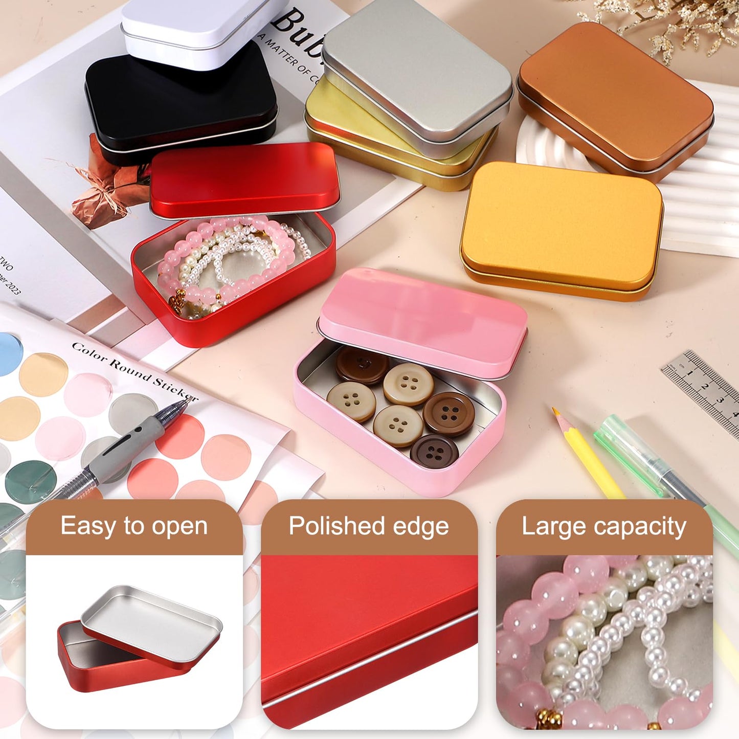 sourcing map 2Pcs Metal Tin Box Container, 3.7x2.4x0.9 Rectangular Empty Box with Self Adhesive Colored Stickers
