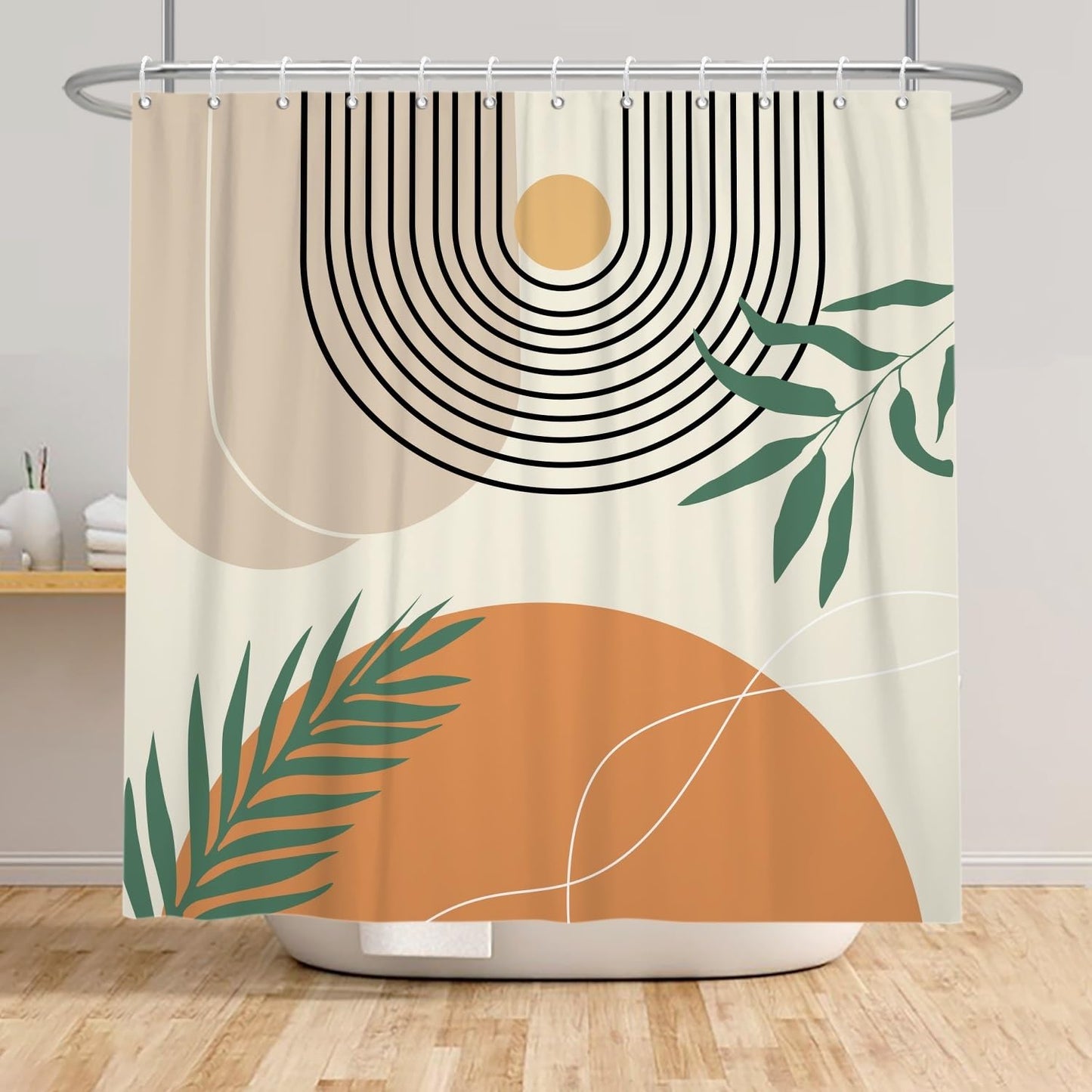 Xiaoterna Boho Sun Line Shower Curtain Rustic Boho Bathroom Curtain Modern Abstract Shower Curtain Green Leaves Sun Lace Lines Shower Curtain Machine
