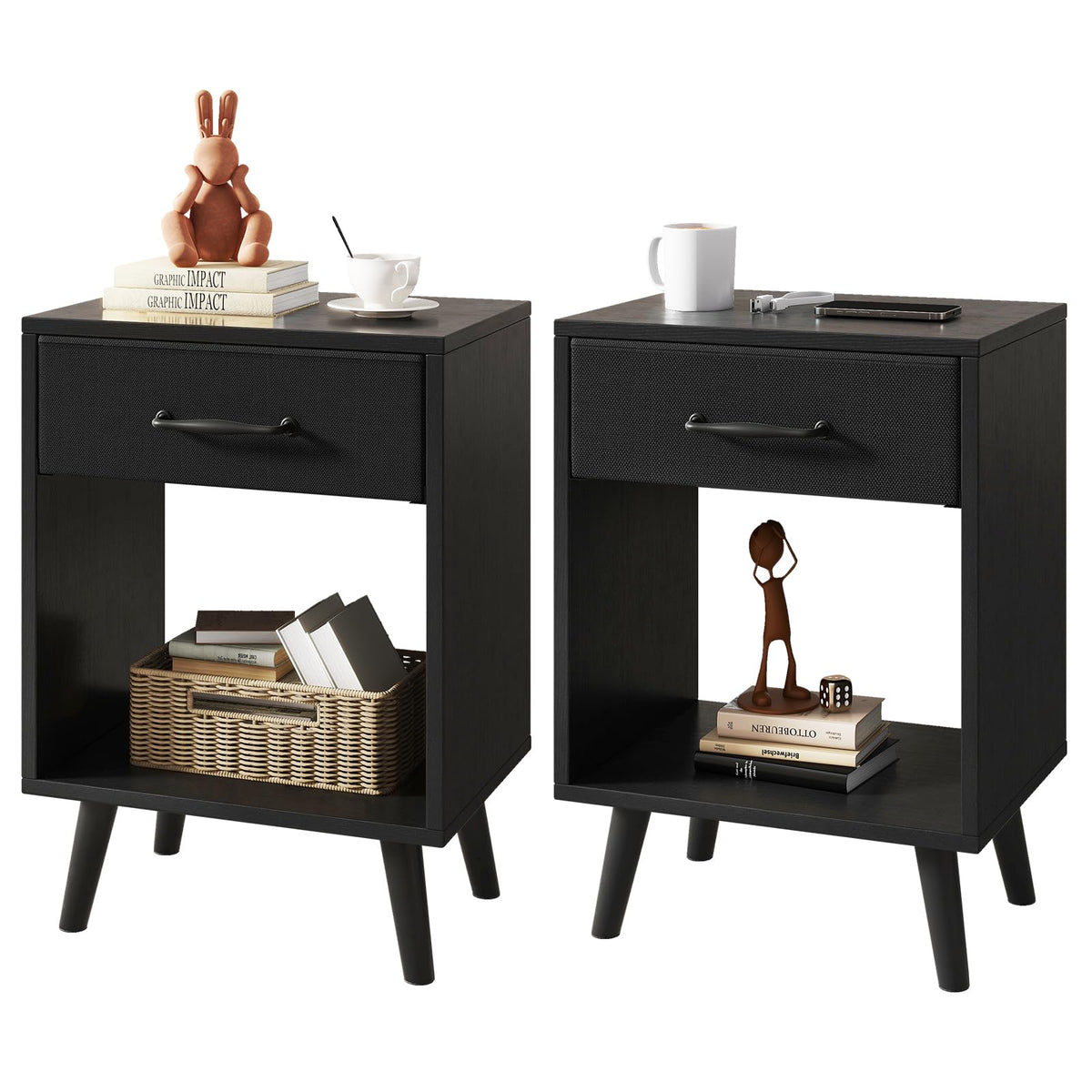 YMYNY Nightstand Set of 2, Bedside Table, Side Table with Fabric Drawer, Handle and Open Compartment, Solid Wood Legs