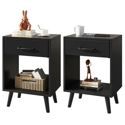YMYNY Nightstand Set of 2, Bedside Table, Side Table with Fabric Drawer, Handle and Open Compartment, Solid Wood Legs