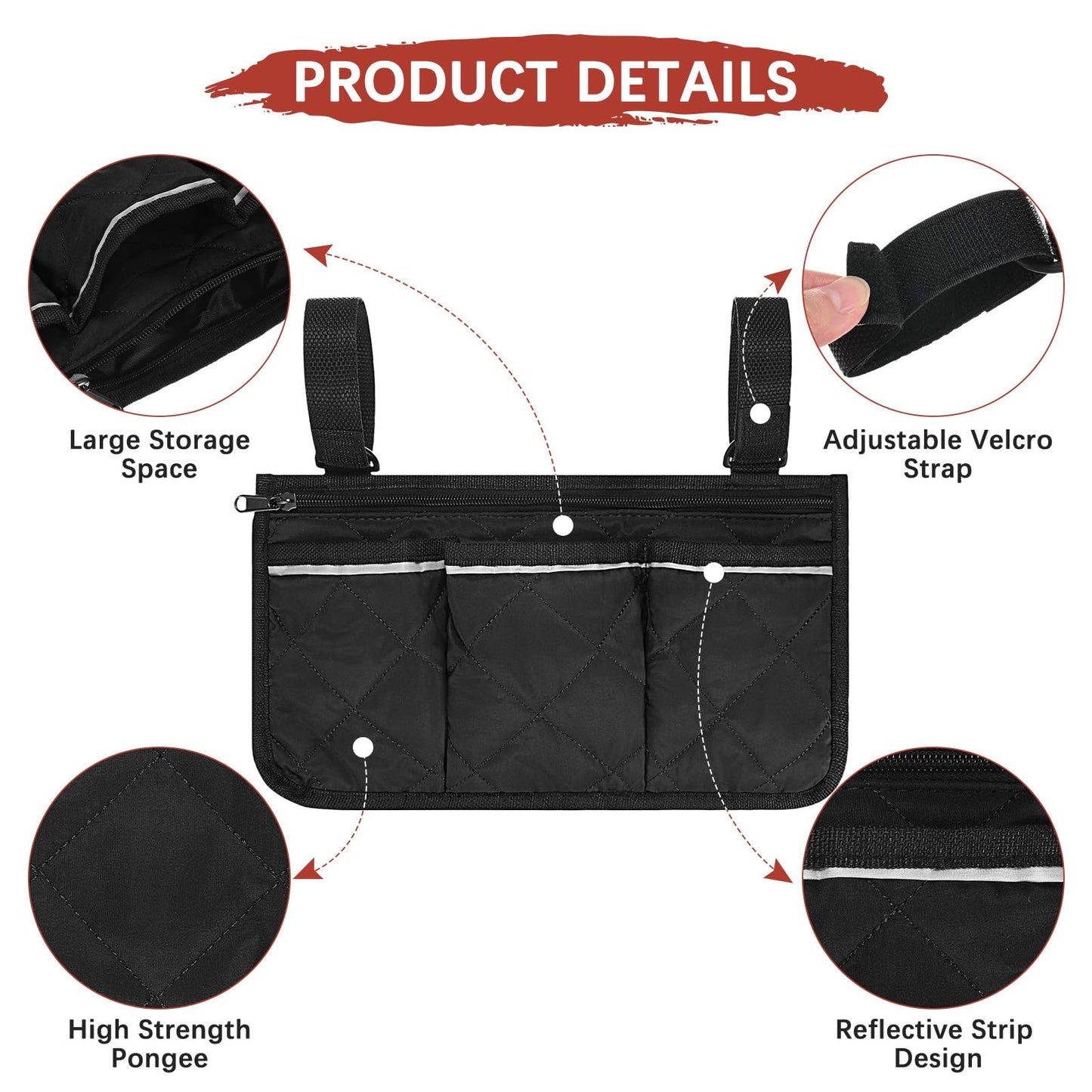TIXIPEM 1-Pack Beach Chair Armrest Bag 12.8"x7" Polyester, Black