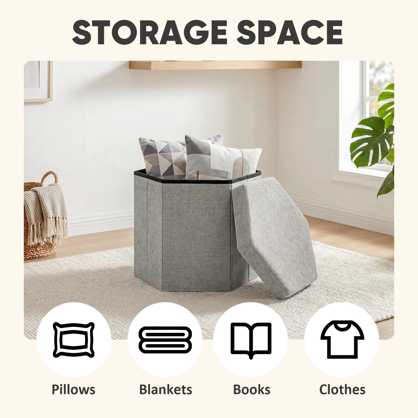 PINPLUS Chenille Ottoman Storage Box, Hexagonal Folding Stool, Silver Grey
