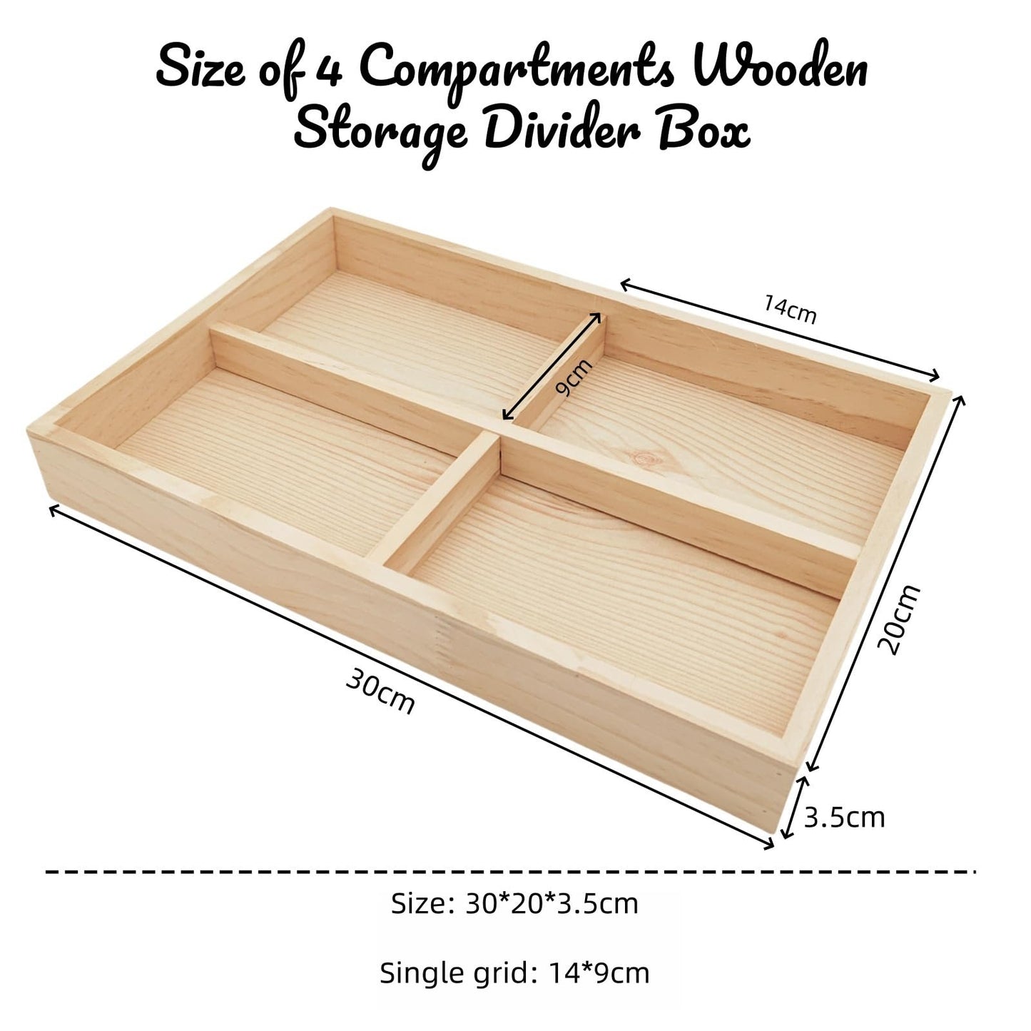 Anktily Unfinished Wooden Storage Divider Box with 4 Compartments, Showcase Display Box Underwear Storage Case Wood Display Tray for Jewellery