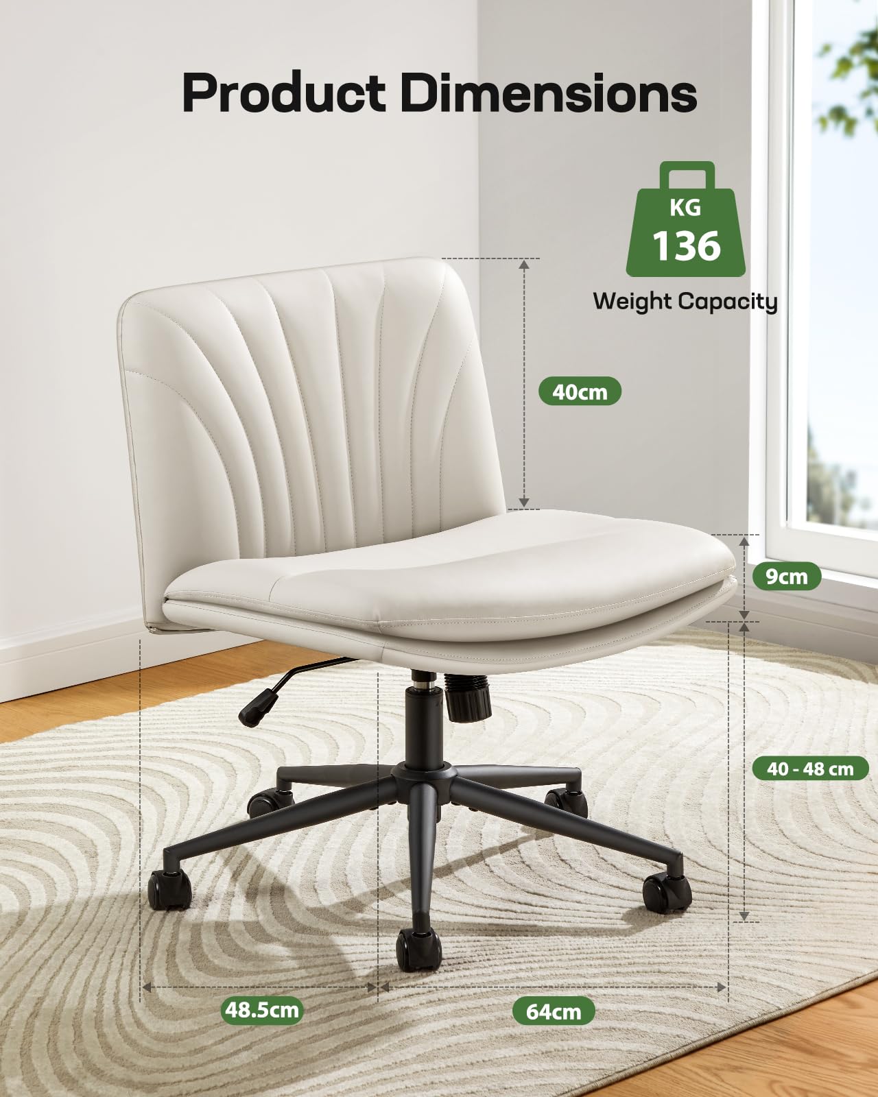 Marsail Vanity Desk Chair with Wheels, Leather Cross Legged office Chair, Height Adjustable Swivel Office Chair for Home Office Makeup Tea Time