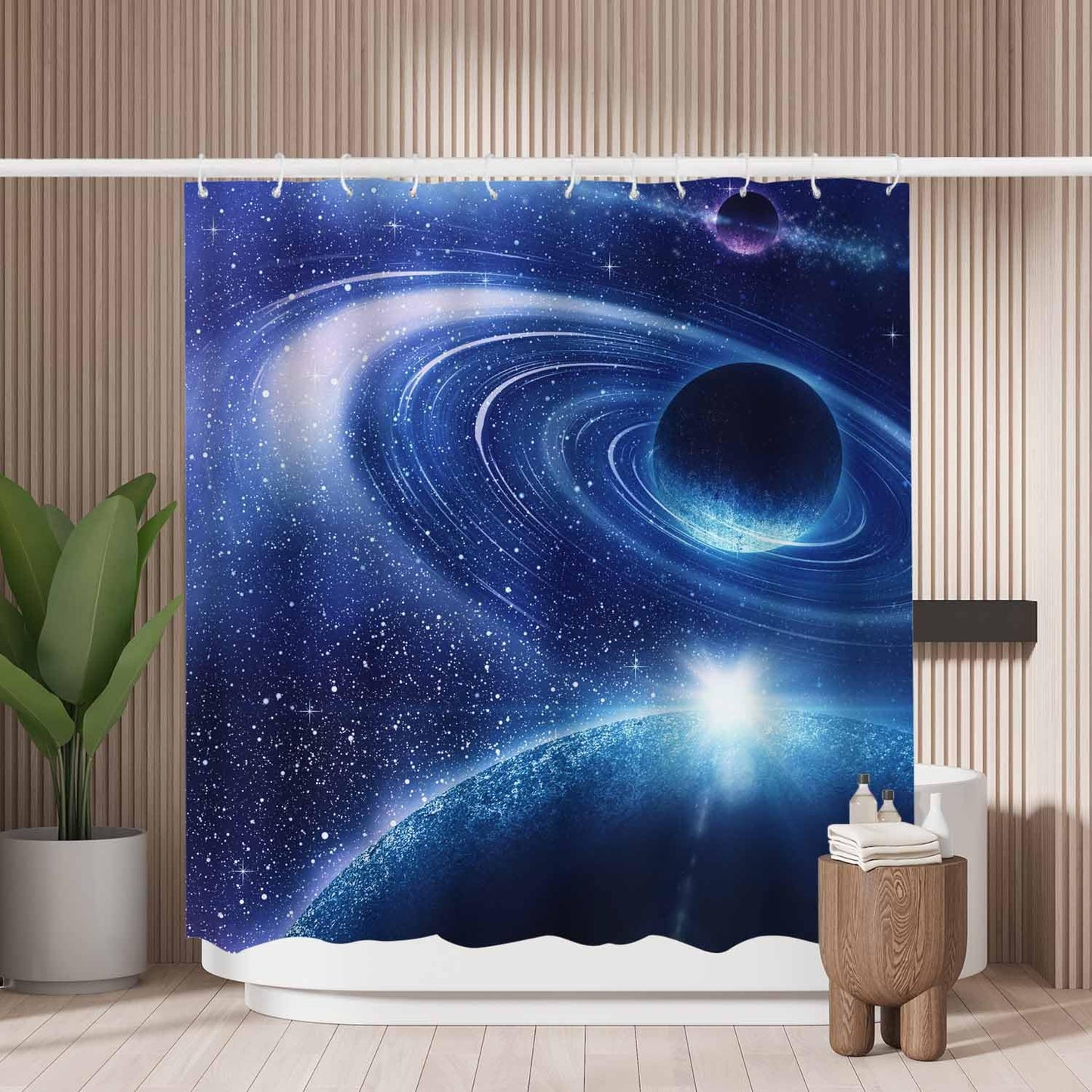 Woutay Shower Curtain Mould Proof Resistant Blue Planet,Water Repellant Fabric,Polyester,with 12 Plastic Hooks
