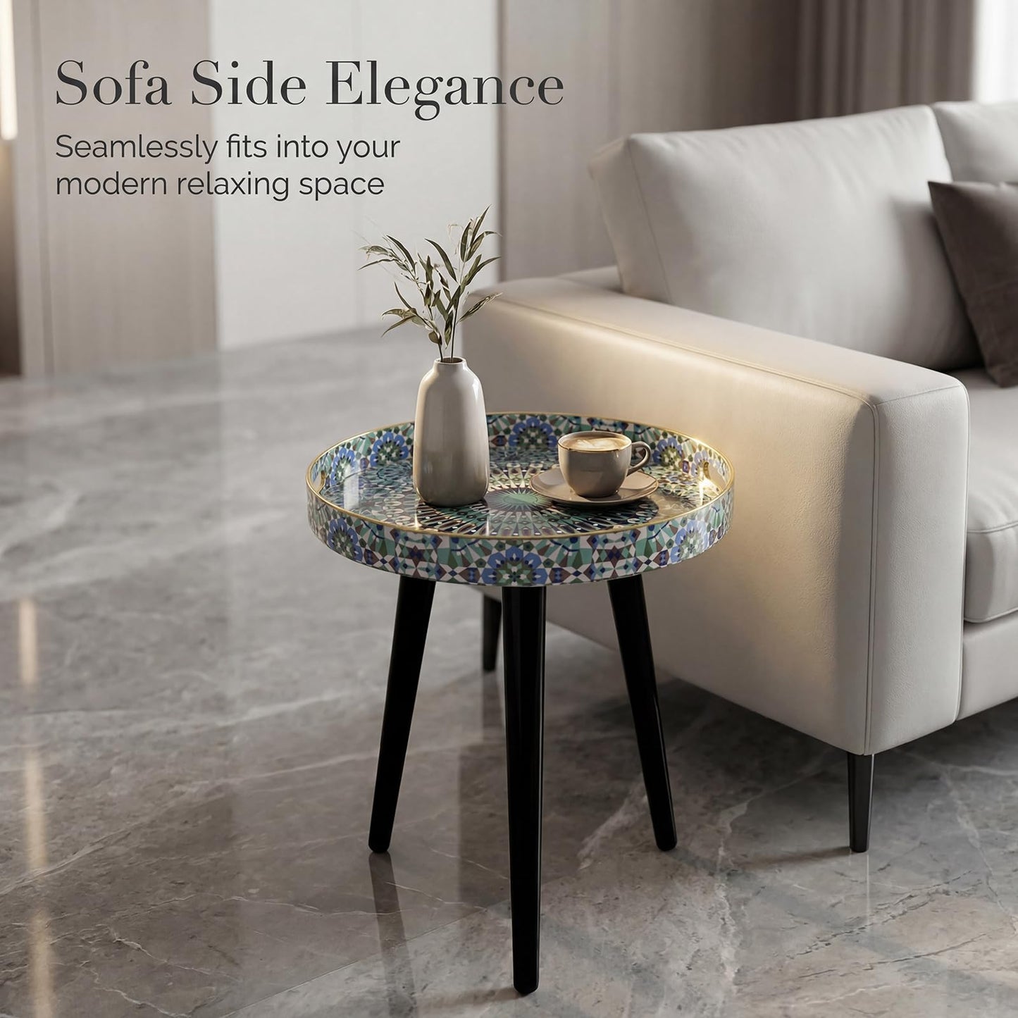 Simmer Stone Round Indoor Side Tables with Detachable Wooden 3 Legs, Versatile Tray Table, Perfect For Round Coffee Table Tea