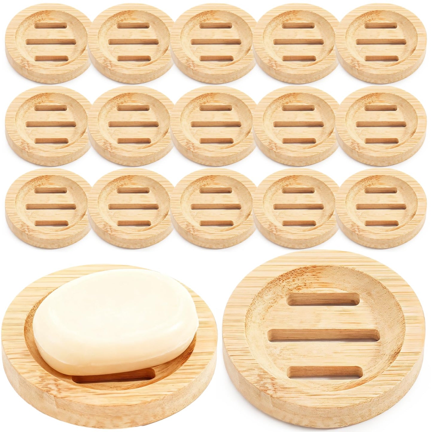 24PCS Bamboo Soap Dishes,3.2 in Round Wooden Soap Holder with Drainage Slots, Waterproof Lacquered Soap Bar Tray for Bathroom Shower