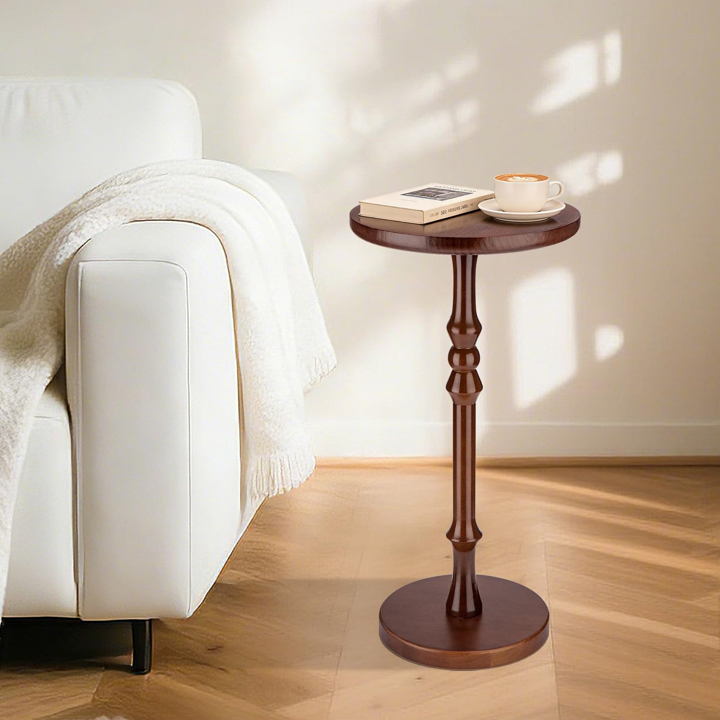 Lampaggio Round Side Table for Small Spaces, Drink Table with Oak Wood Pedestal Base, Modern Accent End Table or Nightstand for Living Room, Bedroom