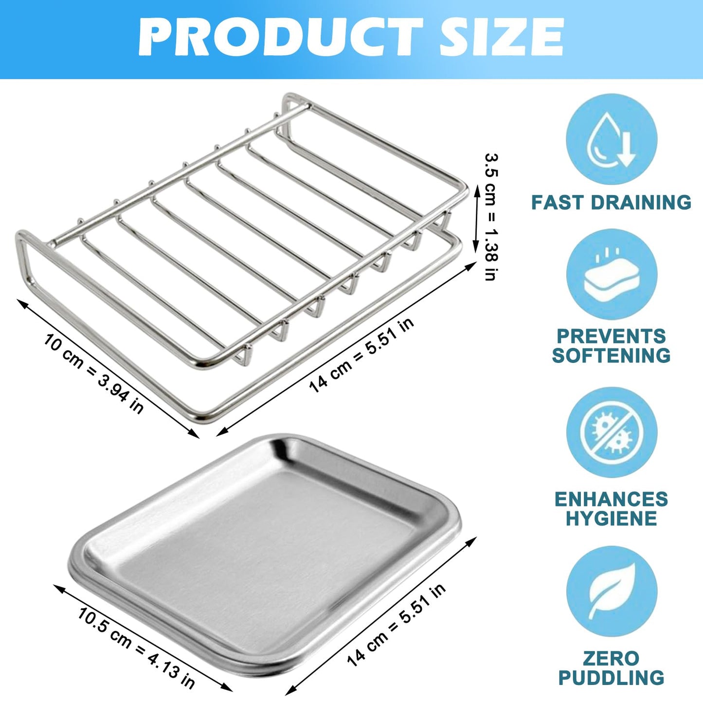 Soap Holder with Drip Tray - Stainless Steel Soap Dish for Shower, Quick Drying Sponge Holder with Drainage for Shower, Kitchen, Sink