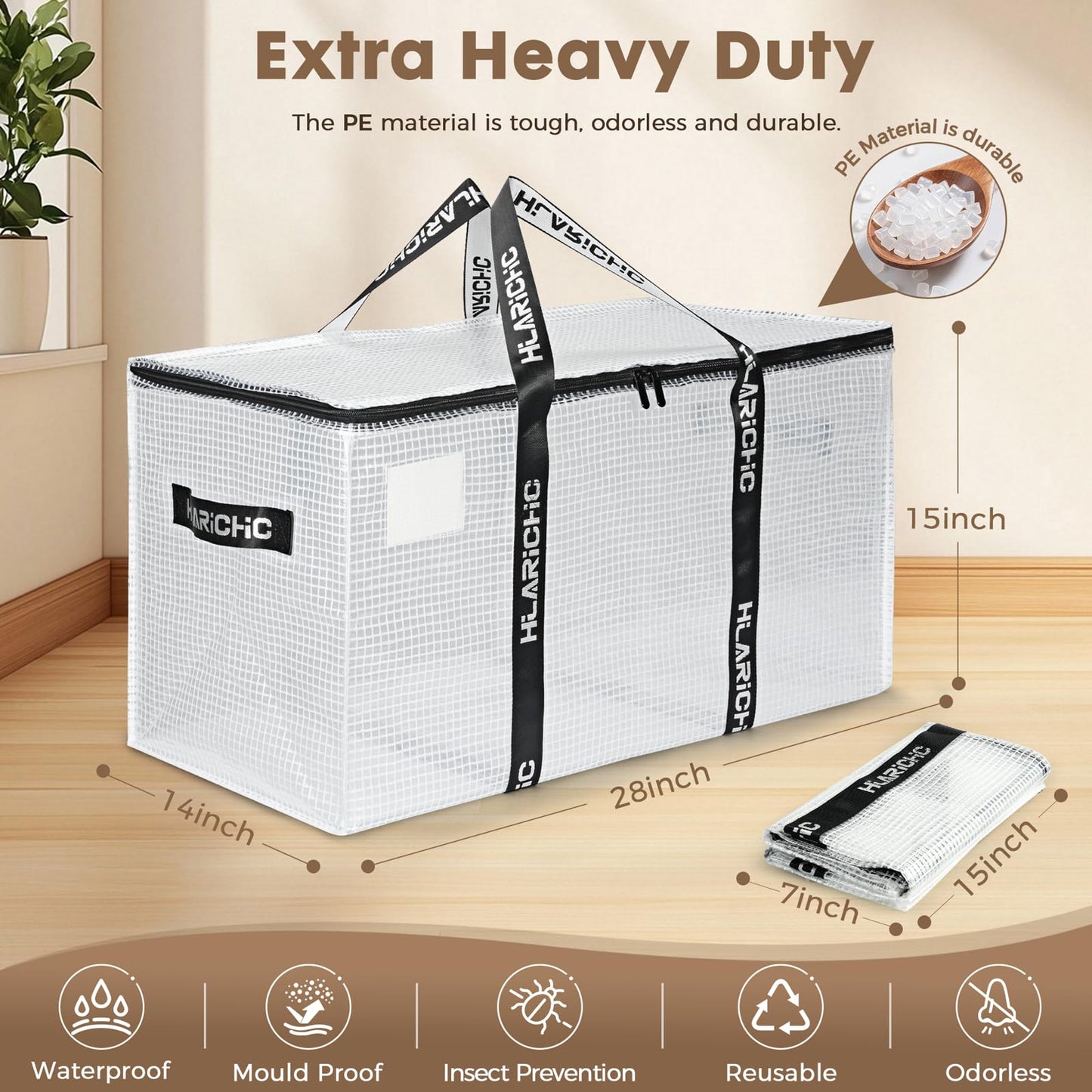 Hilarichic Heavy Duty Moving Bags 97L - Extra Large Storage Bags for Clothes with Strong Zipper & Comfortable Handles, Packing Boxes for Moving House