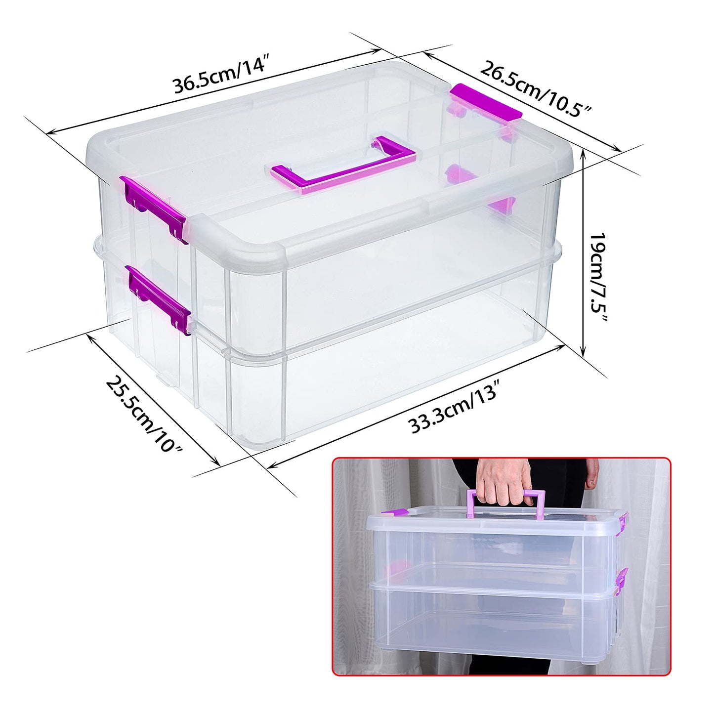 IGNPION 2-Tier Stackable Craft Storage Box Plastic Adjustable Storage Containers with Carry Handle Transparent Containers Organiser for Art & Craft