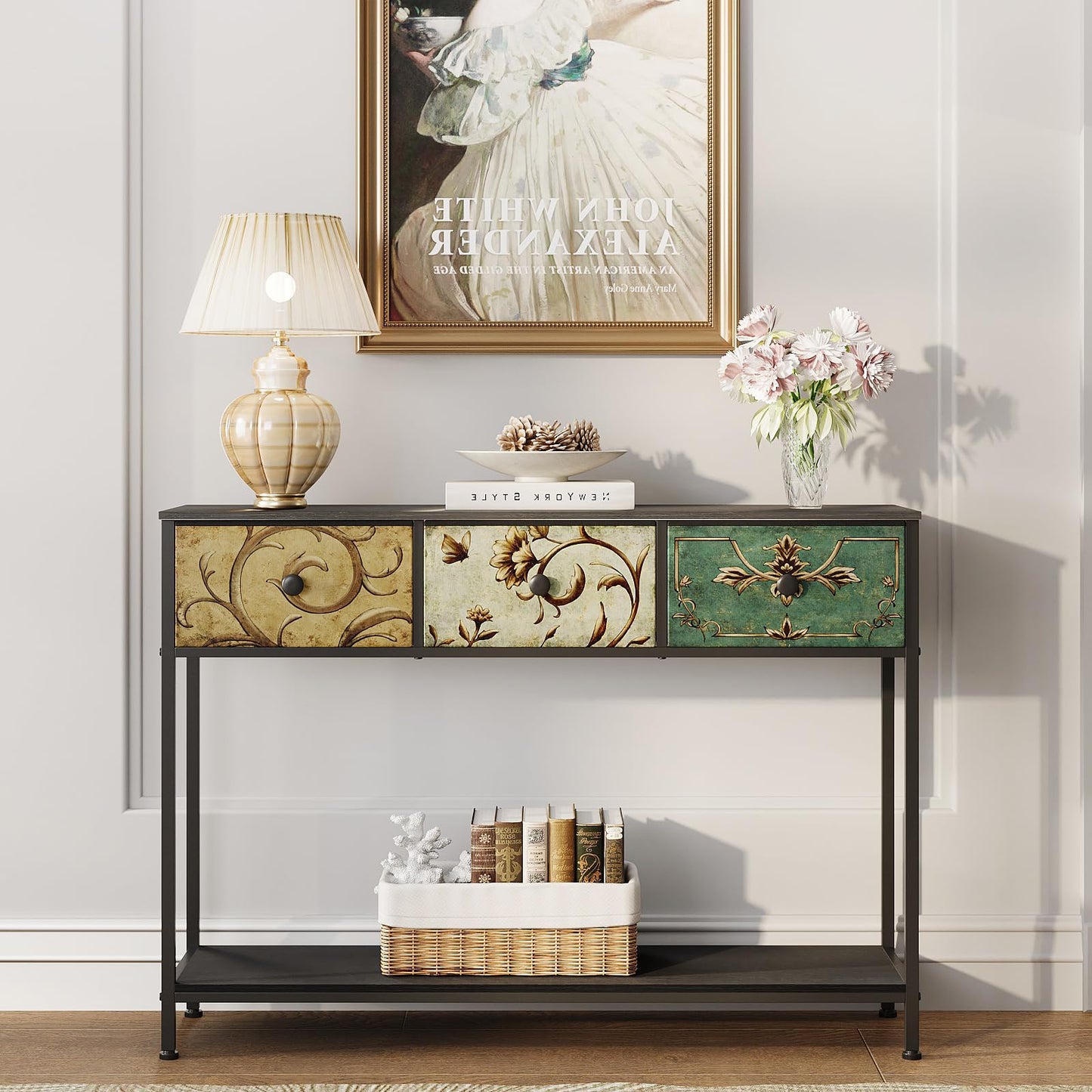 VEDECASA Console Table for Entryway with 3 Drawers Slim Hallway Table with Storage Shelf Narrow Long Sofa Table for Hallway Couch Living Room Kitchen
