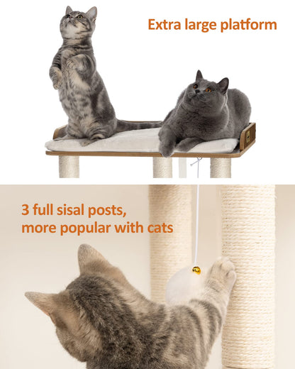 FourFurPets Cat Scratching Post 68 cm High with Three 60 cm Full Sisal Scratching Posts 56 x 40 cm Platforms Vintage Brown