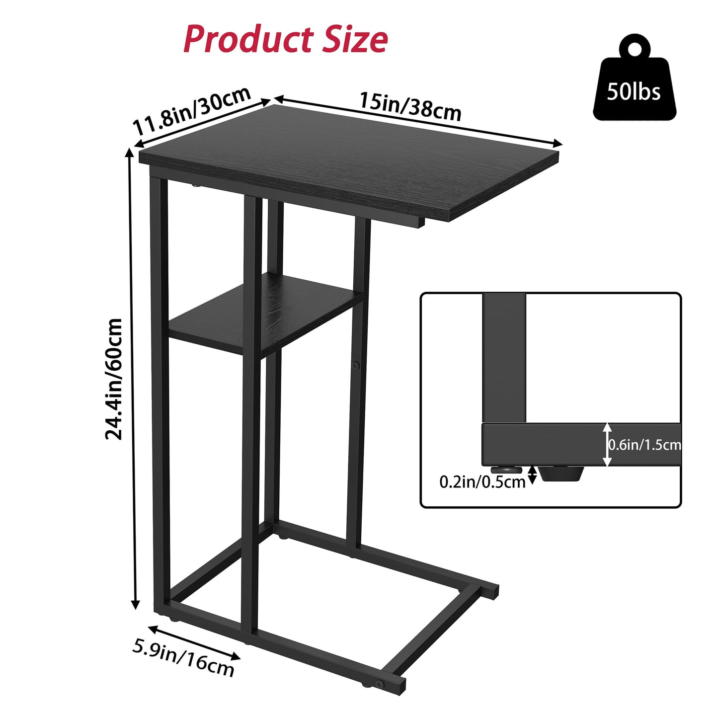 Yusong C Shaped End Table, 2 Tier Side Tables Slide Under Sofa Couch Bed, Small TV Tray Bedside Table for Small Spaces, Living Room, Bedroom, Black