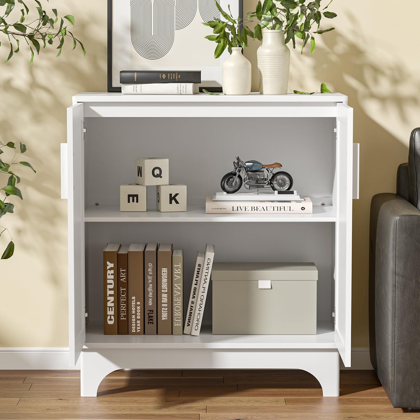 Yvsevnr White Sideboard Wooden Buffet Storage Cabinet for Living Room, Rattan Kitchen Cupboard with Adjustable Shelf, Magnetic Closure