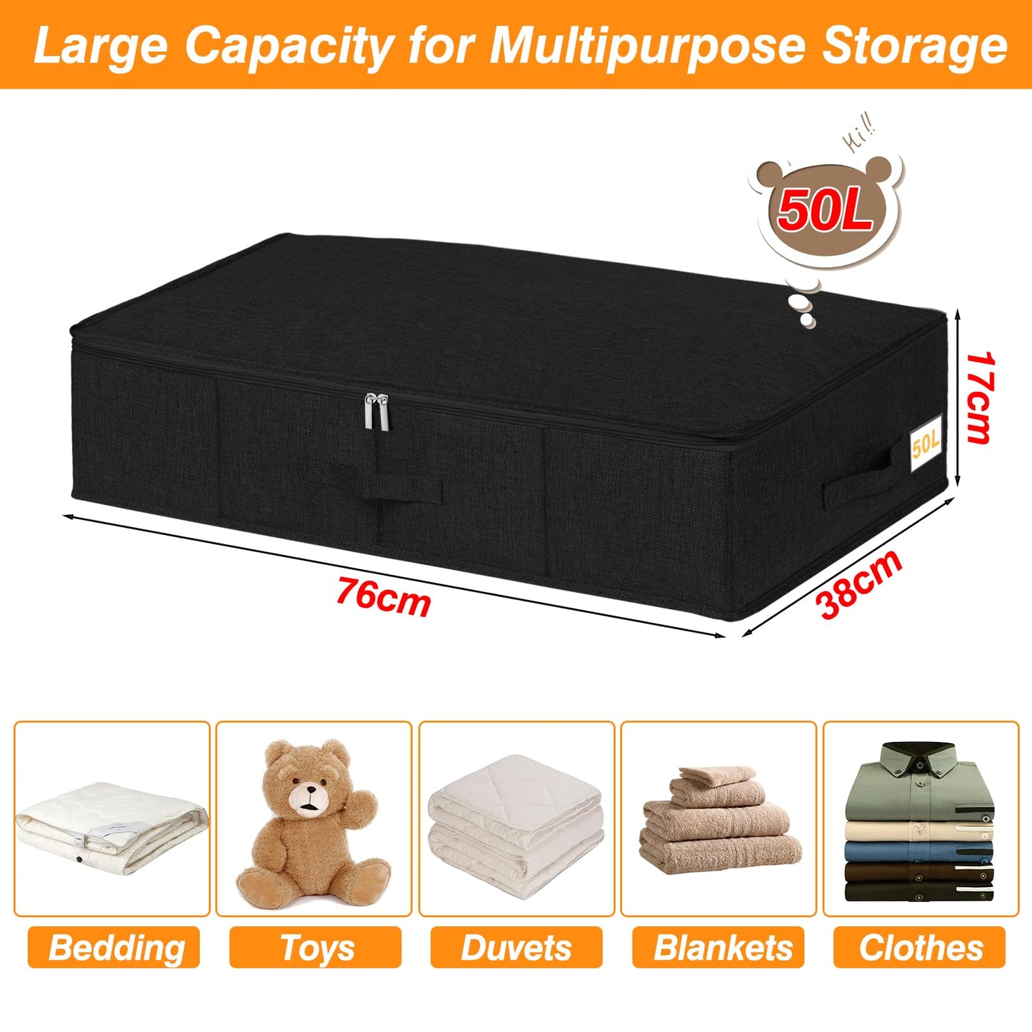 50L 17cm Tall Under Bed Storage Boxes with Zipped Lids, 2 Pack, Black