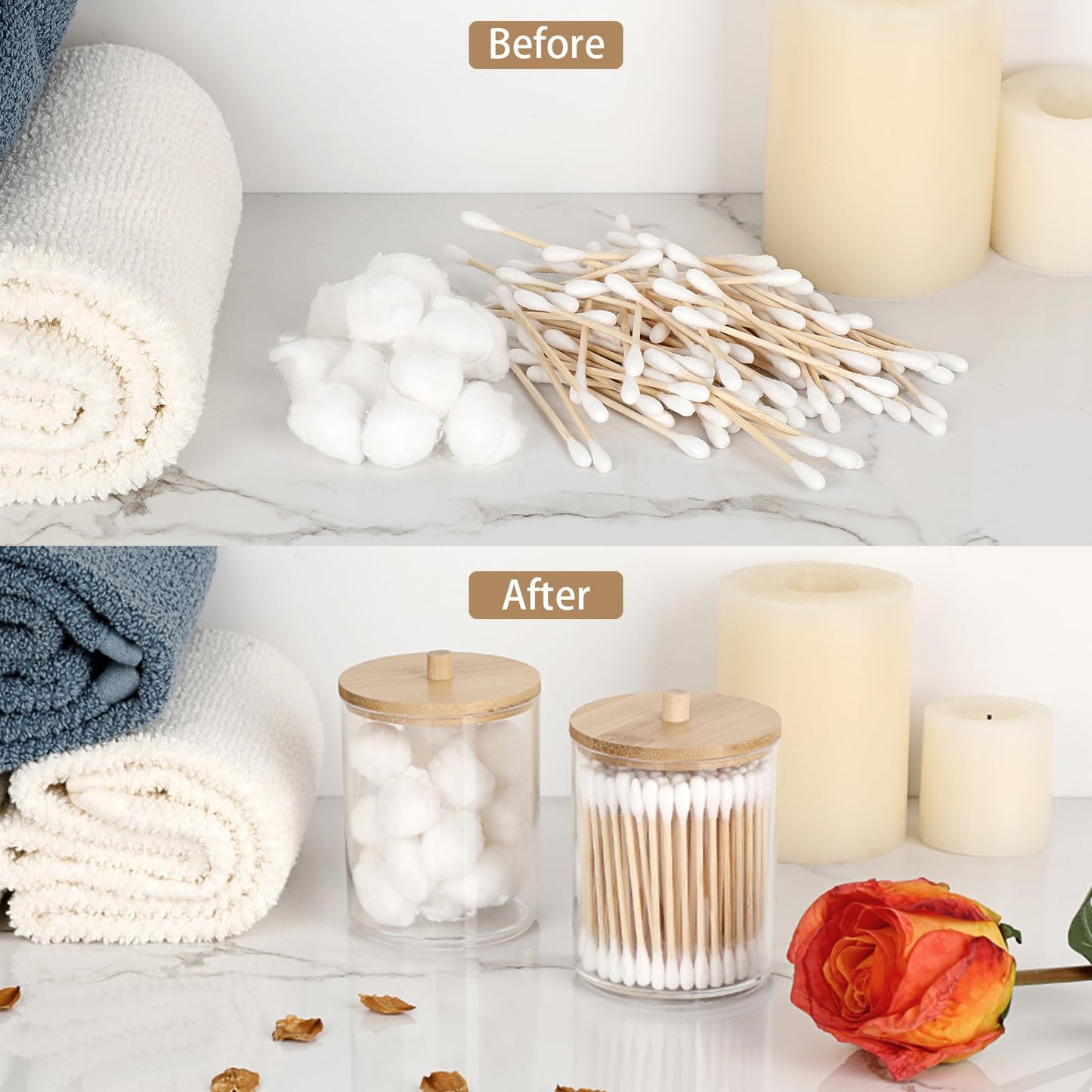 SUMTree 2 Pcs 10 Ounce Plastic Cotton Swab Holder with Bamboo Lids