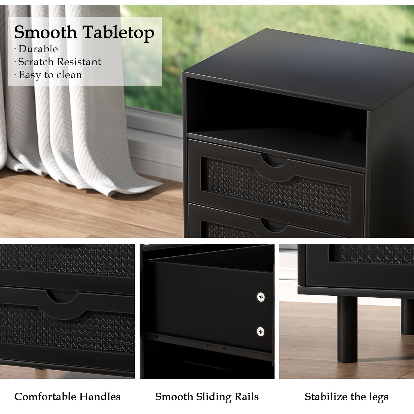 Skokliz Bedside Table with 2 Drawers, Black Rattan Nightstand with Open Shelf for Bedroom, Mid-Century Modern Side Table, 50cm W x 39.5cm D x 60cm