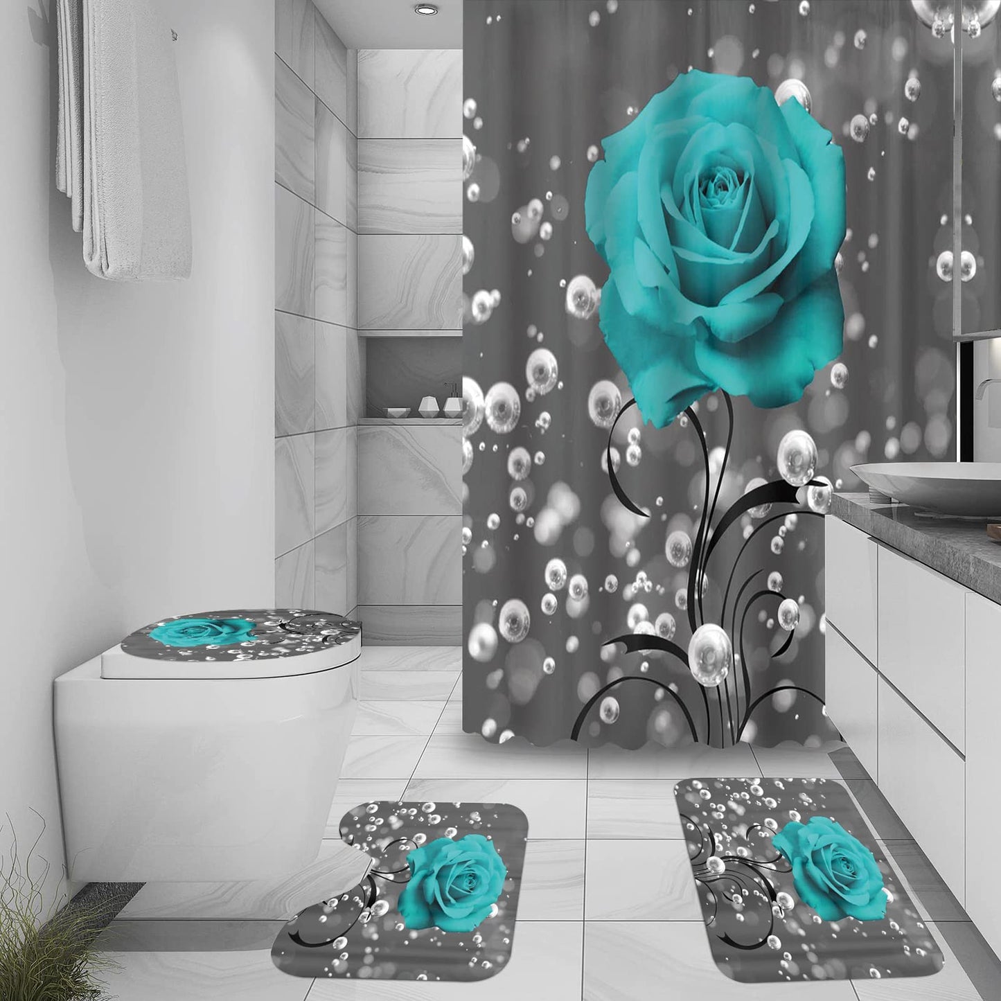 4 Piece Shower Curtain with Bath Rugs Bathroom Sets, Rustic Blue Rose Flower with Butterfly Bathtub Accessory Kit -- Carpet ,U Shape Mat and Toilet