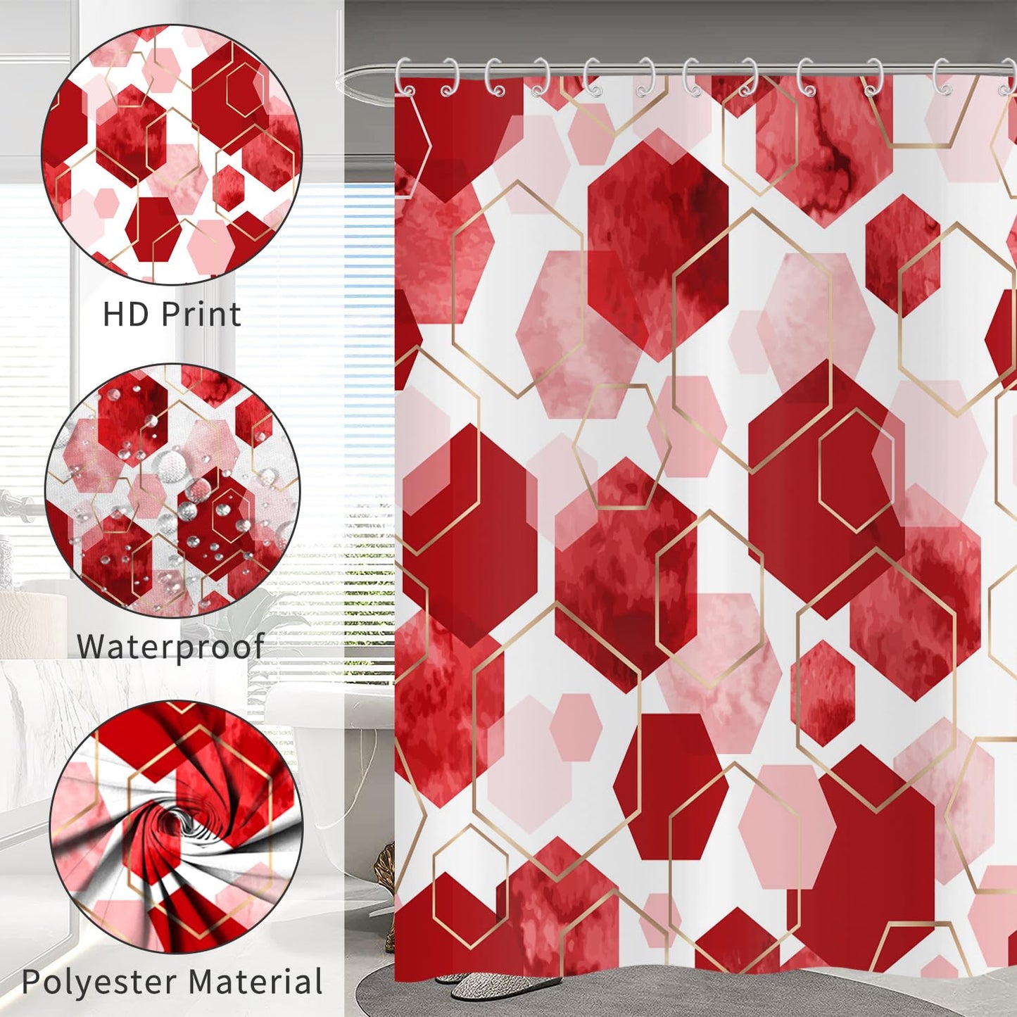 Hnmdmyi Red Shower Curtain 180x200, Modern Geometric Hexagon Abstract Art Bathroom Curtains Waterproof Polyester Fabric Washable Bath Curtains with