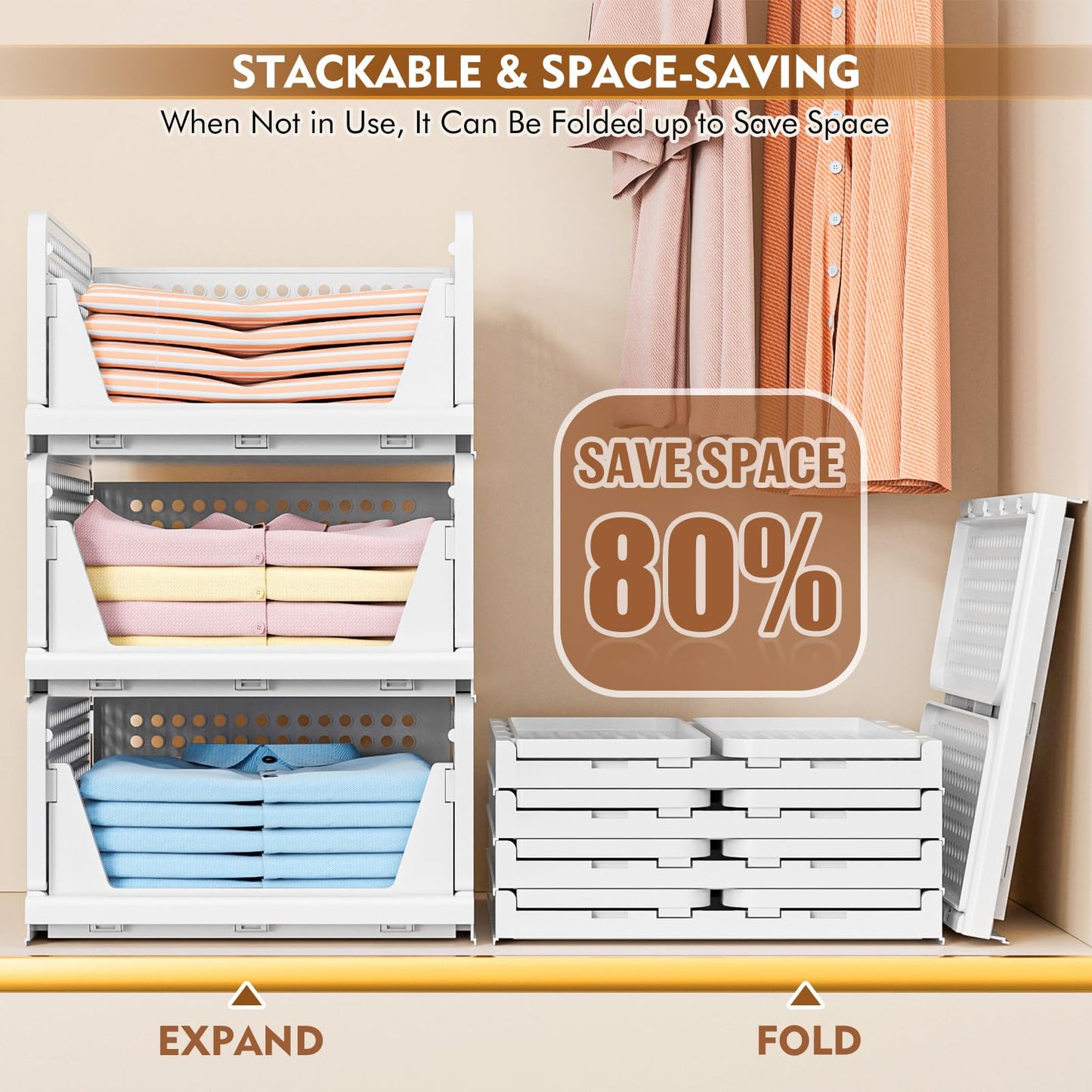 TidyIsles 8 Pack Plastic Folding Closet Stackable Storage Basket Closet Storage White
