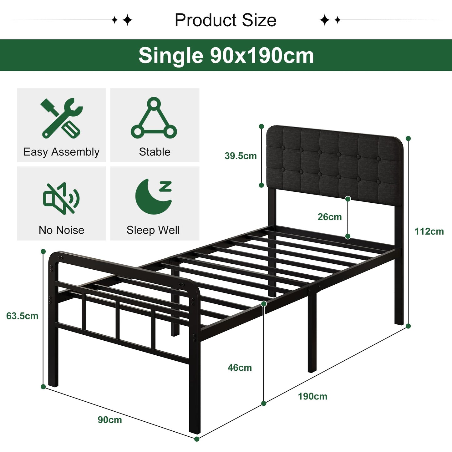 EMODA 3ft Single Bed Frame with Upholstered Headboard and Footboard