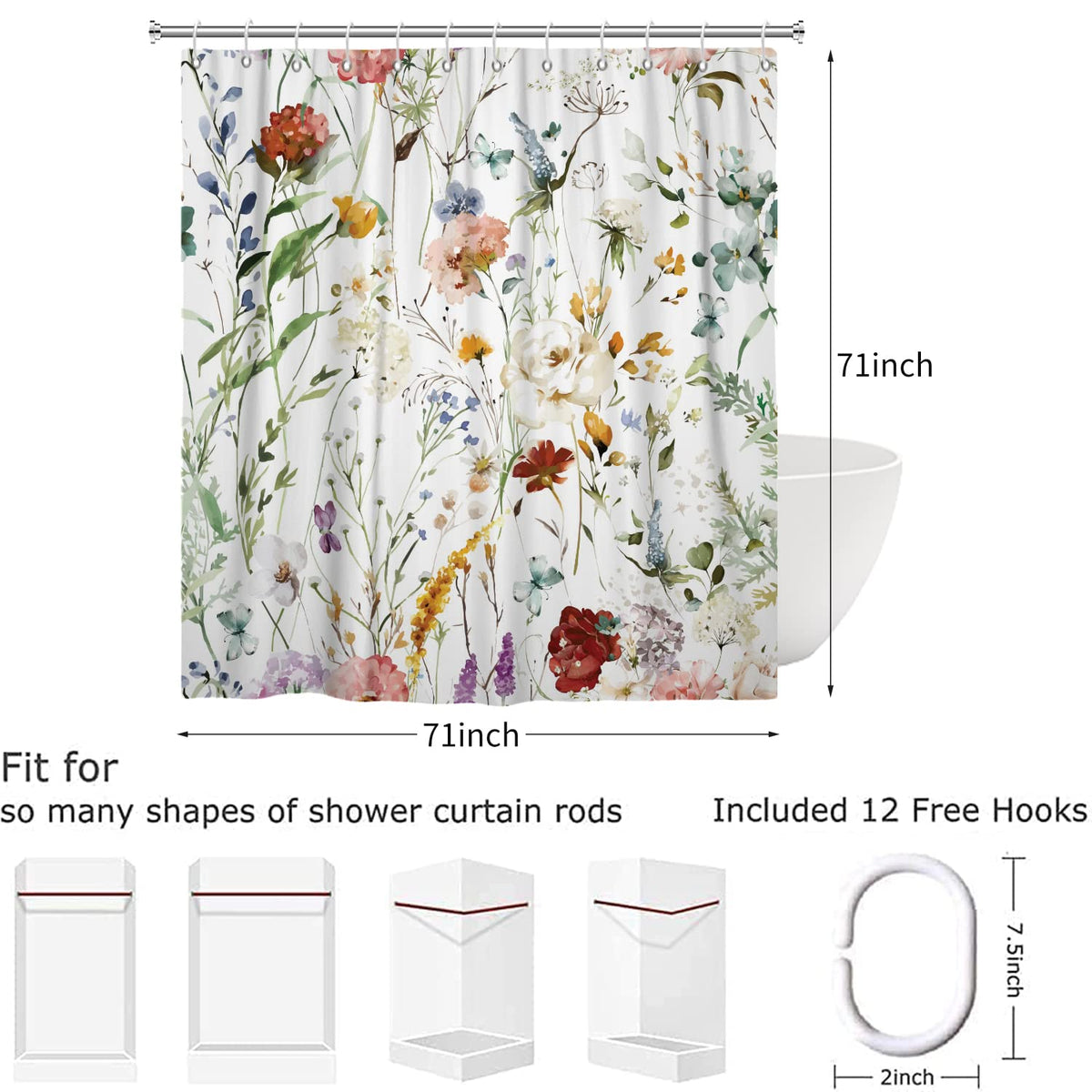 Hnmdmyi Floral Shower Curtain 180x180, Watercolor Colorful Flower Plant Butterfly Wildflowers Blossom Bathroom Curtains with Hooks Waterproof