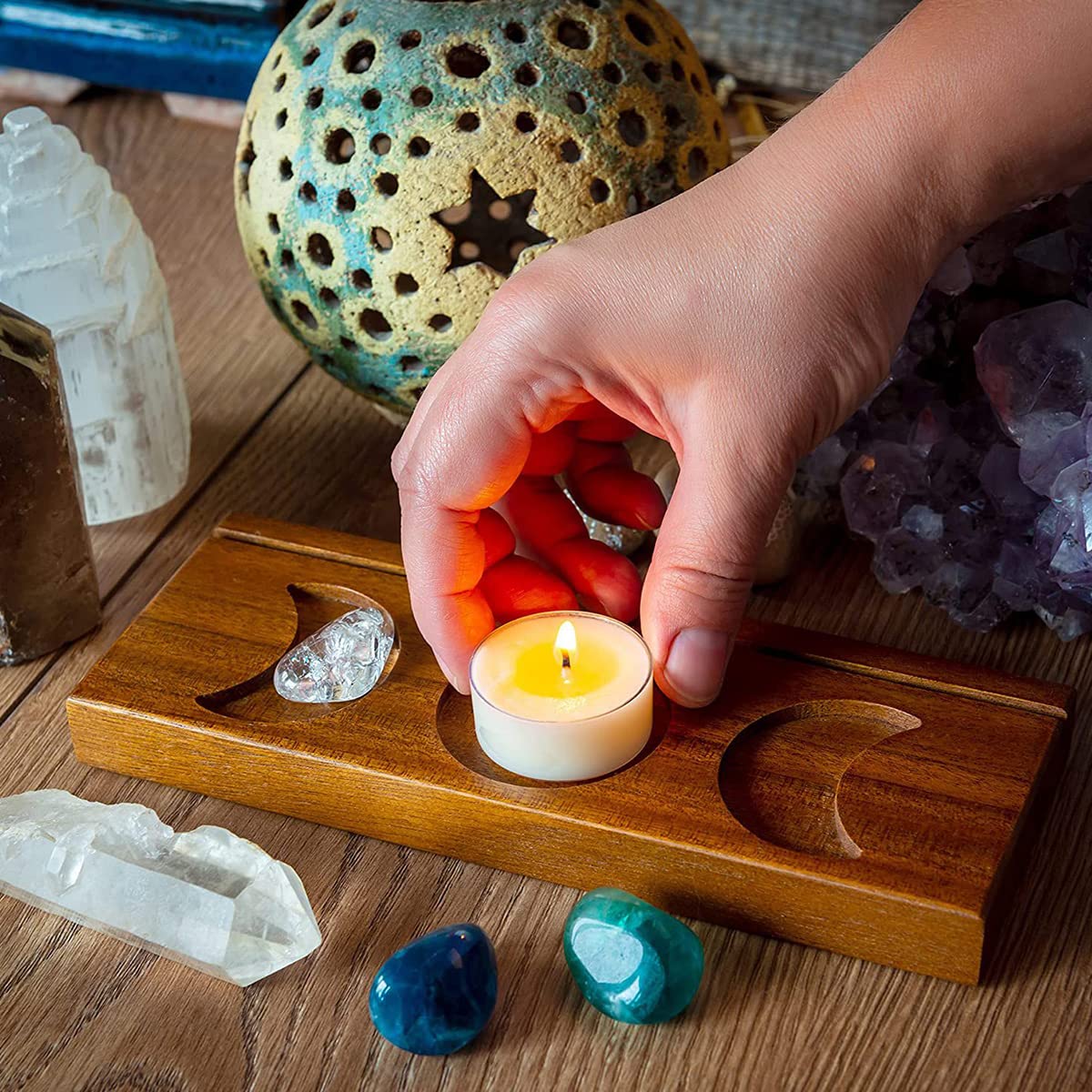 Ghopy Tarot Card Holder Stand Wooden Tarot Card Stand Triple Moon Phases Symbol Tarot Card Display Stands for Stones Cards Reading Accessories Tarot