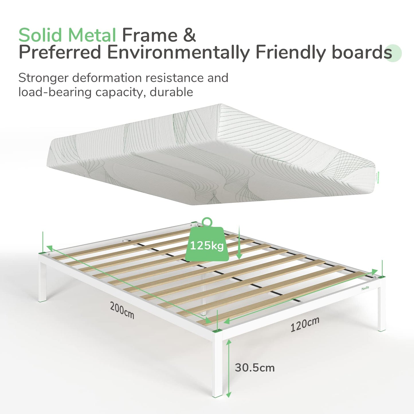 Novilla 30.5 cm Metal Bed Frame, 4FT Platform Bed Frame With Noise-cancelling Design, Engineered Wood Slat Support, Solid Support Leg, Easy Assembly