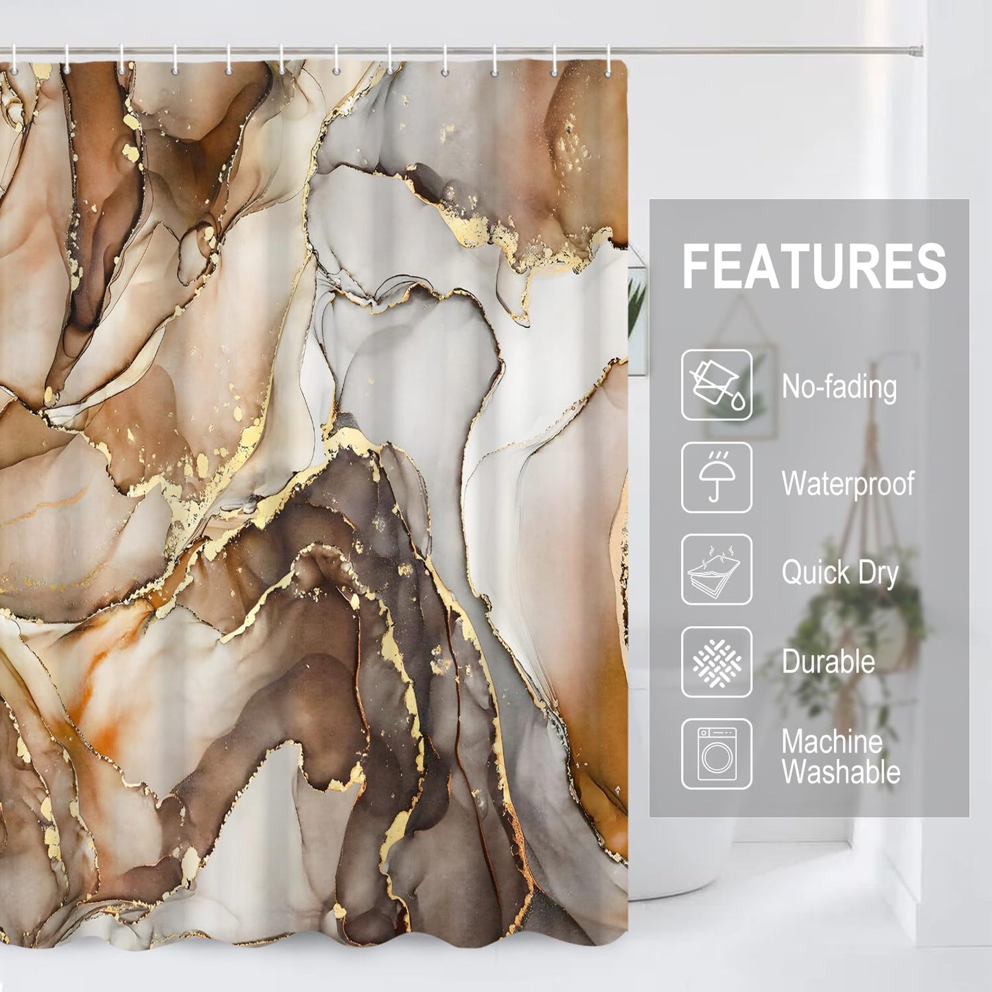 GCIREC Shower Curtain, 180x200cm, Brown Ombre Modern Abstract Art Marble Waterproof Fabric Machine Washable Bathroom Curtain with Hooks