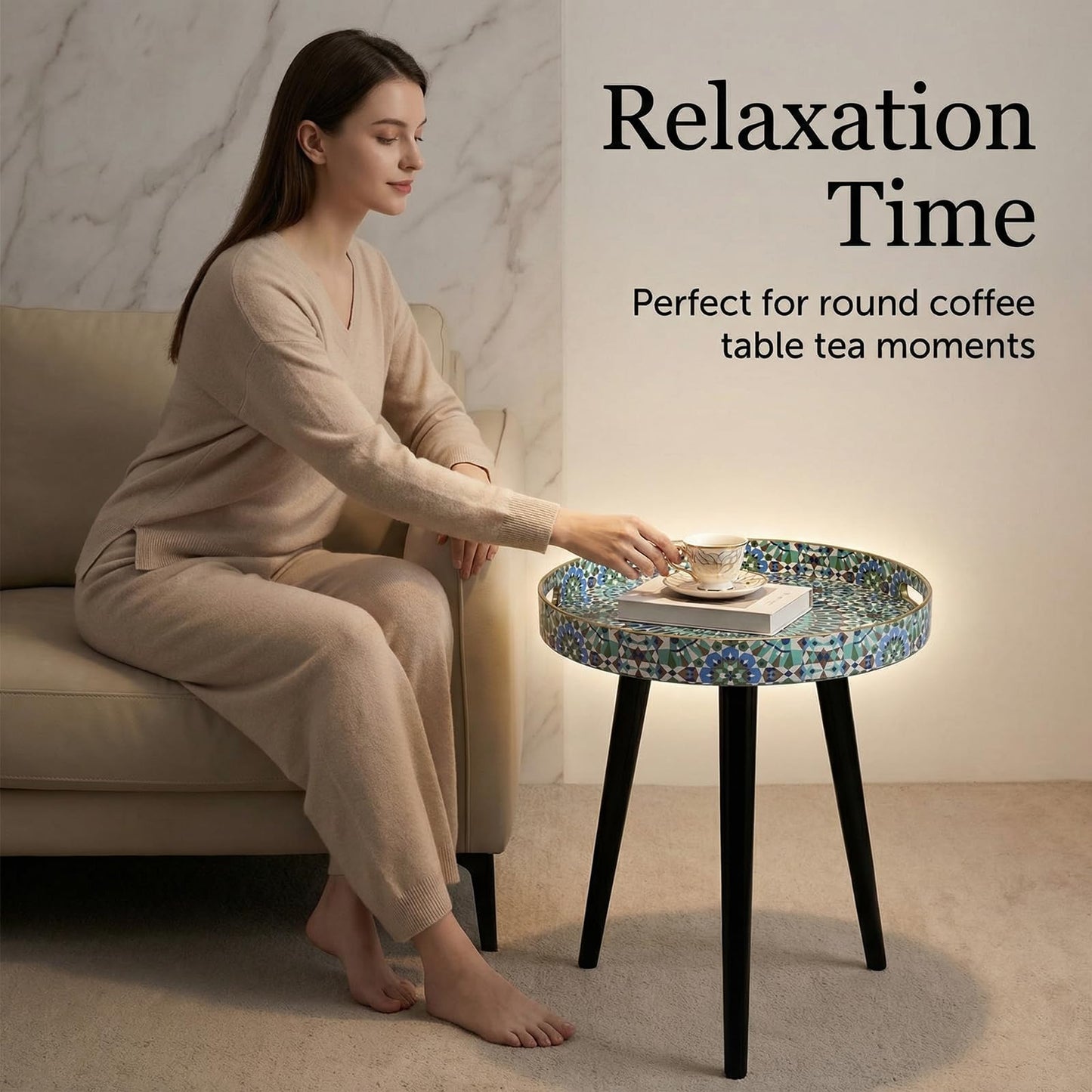 Simmer Stone Round Indoor Side Tables with Detachable Wooden 3 Legs, Versatile Tray Table, Perfect For Round Coffee Table Tea
