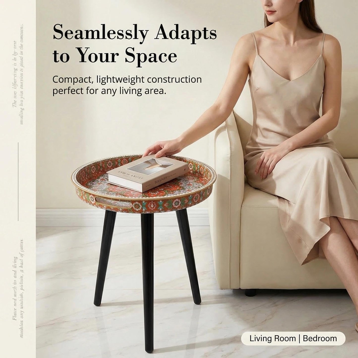 Simmer Stone Round Indoor Side Tables with Detachable Wooden 3 Legs, Versatile Tray Table, Perfect For Round Coffee Table Tea