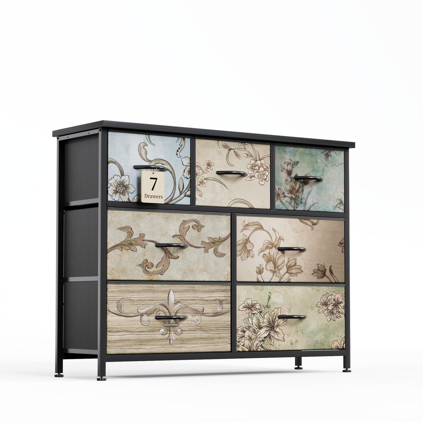 COTUBLR Chest of Drawers with 7 Drawers Tall Dresser for Bedroom Retro Floral Pattern Clothes Storage Organiser Unit for Living Room Entryway Closet