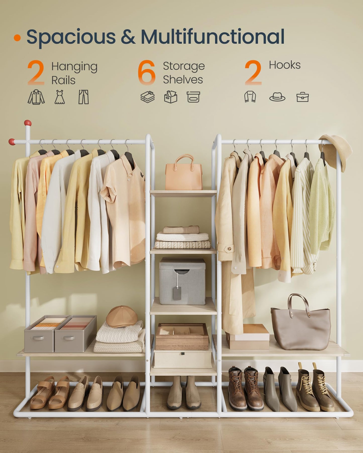 SONGMICS HOME Clothes Rail, Clothes Rack with Shoe Shelf, Heavy-Duty Storage Rack, 6 Storage Shelves, 2 Hanging Rails, Matchstick-Shaped Hooks