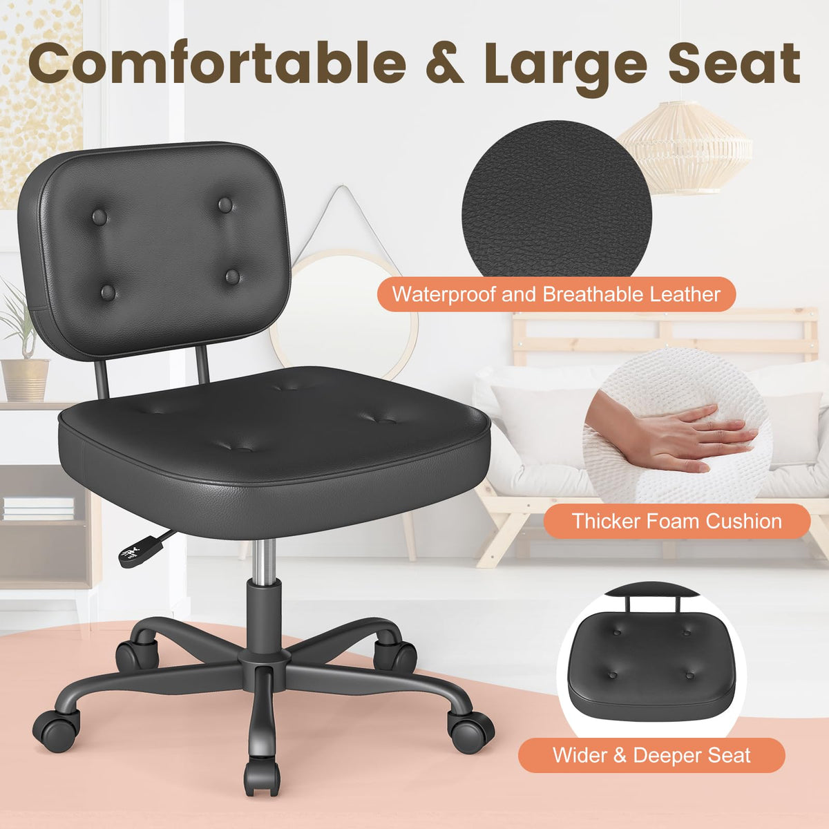 AnyGod PU Leather Armless Home Office Desk Chair, Small Ergonomic Task Chair for Adults and Students, Low Back Seating with Swivel, Adjustable Height