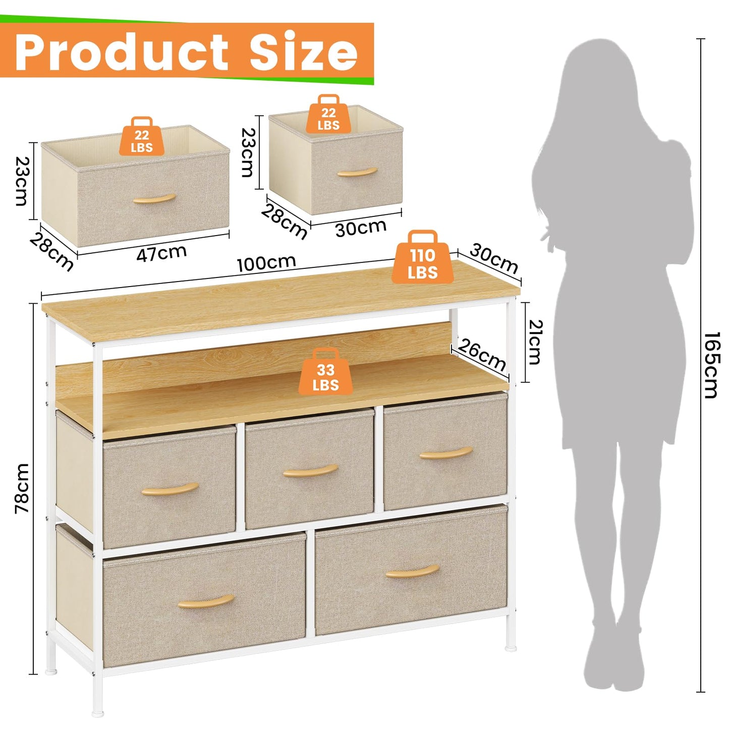 Feonase Chest of Drawers, 5 Drawers Dresser with TV Stand, Metal Frame and MDF Top Board, Adjustable Feet, Storage Unit Ideal for Bedroom