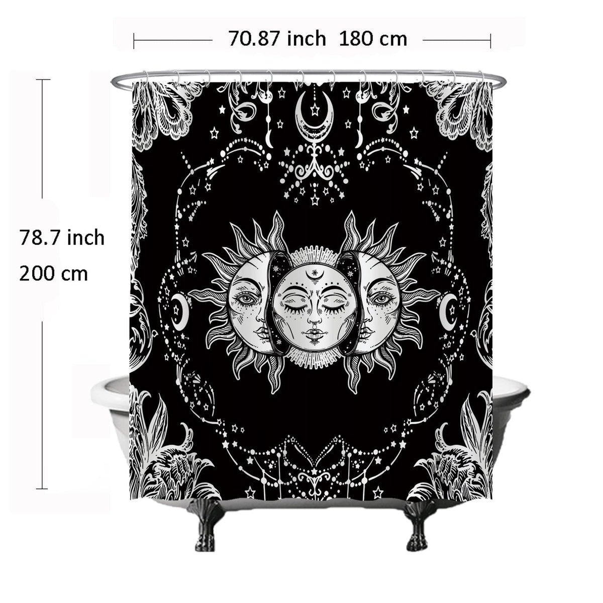 Ulticool Shower Curtain Sun Moon Zodiac Tarot Nature Bohemian Anti-mildew Effect Washable Waterproof with 12 Rings Black-White 180x200cm